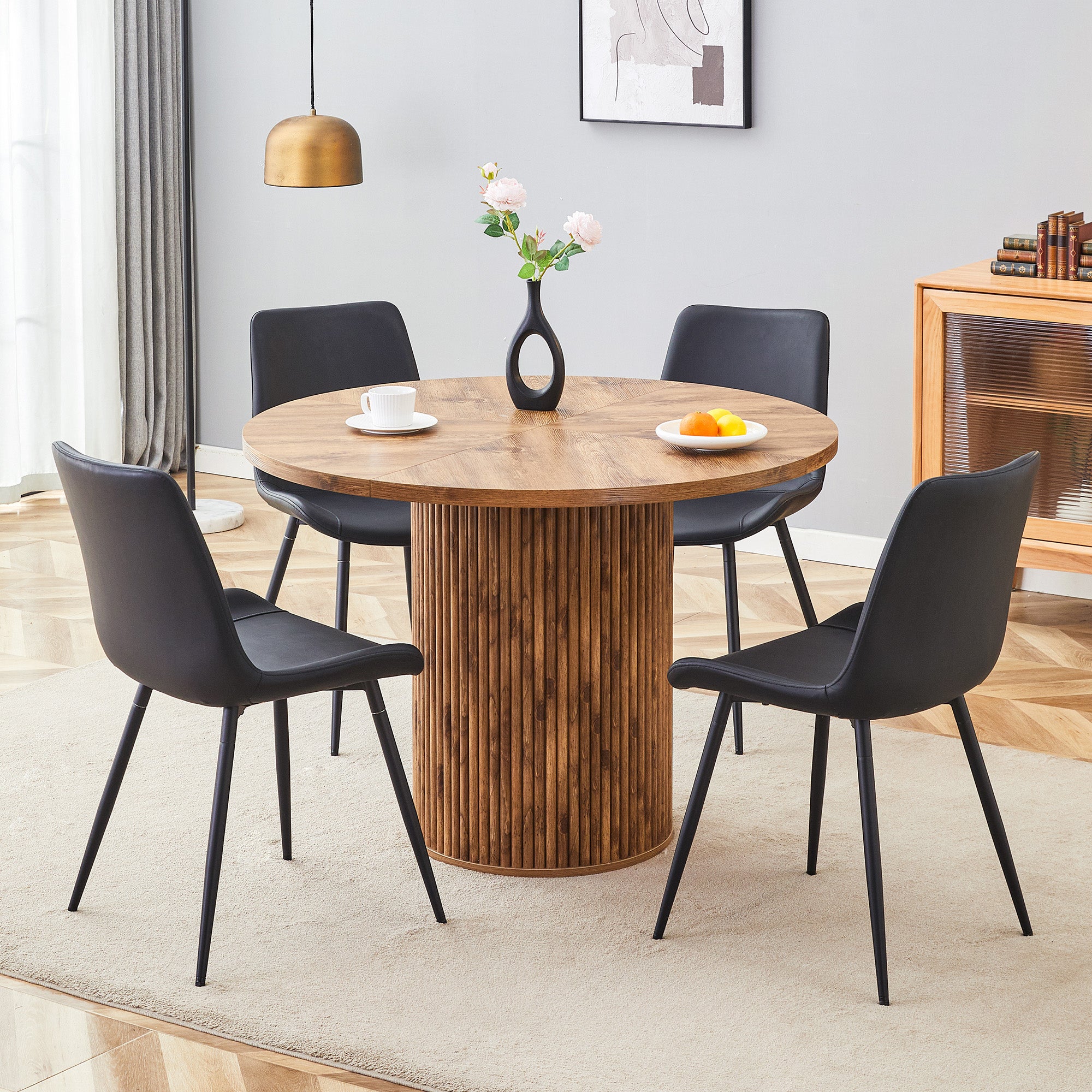 Conjunto de mesa de comedor redonda de 100 cm + 4 sillas de pu, color negro/madera