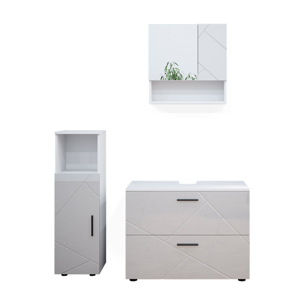 Vicco Zestaw mebli łazienkowych Irma, Biały wysoki połysk, 3 części, z szafką środkową