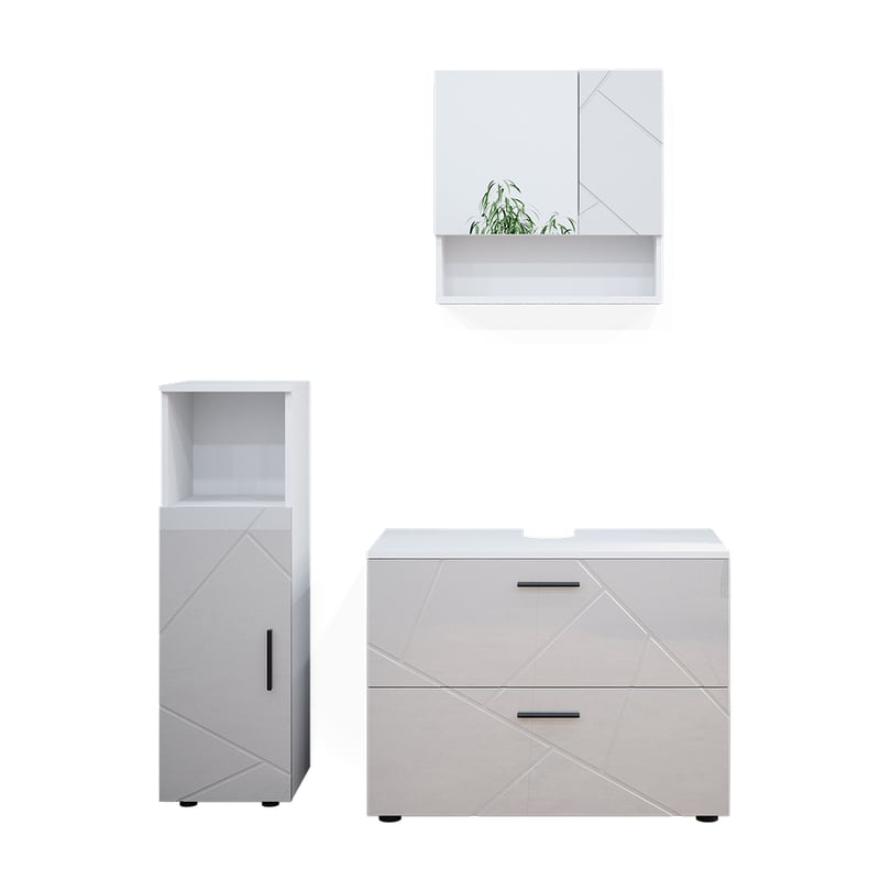 Vicco Zestaw mebli łazienkowych Irma, Biały wysoki połysk, 3 części, z szafką środkową
