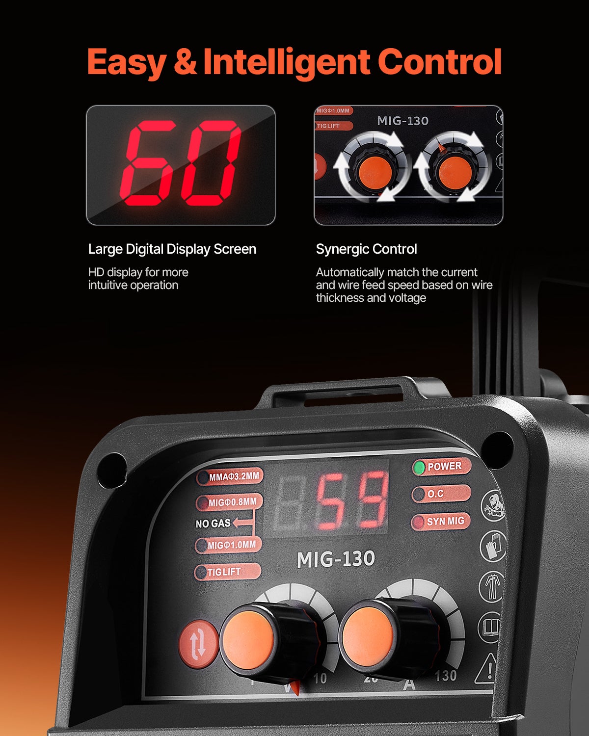 Poste de solda MIG 130 A,VEVOR soldadora MIG sem gás MMA Lift TIG 3 em 1,tecnologia inversora IGBT,portátil,exibição digital - 4