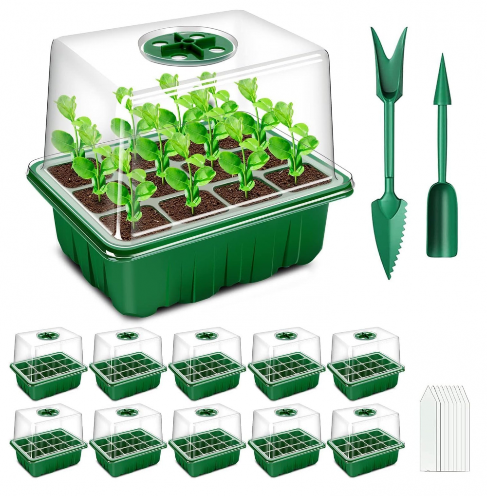 Miniaturowa szklarnia dla roślin, 10 sztuk, 120 komór, tacka na sadzonki do wnętrz z podniesionymi pokrywkami, tacka na sadzonki do szkółki, zielona