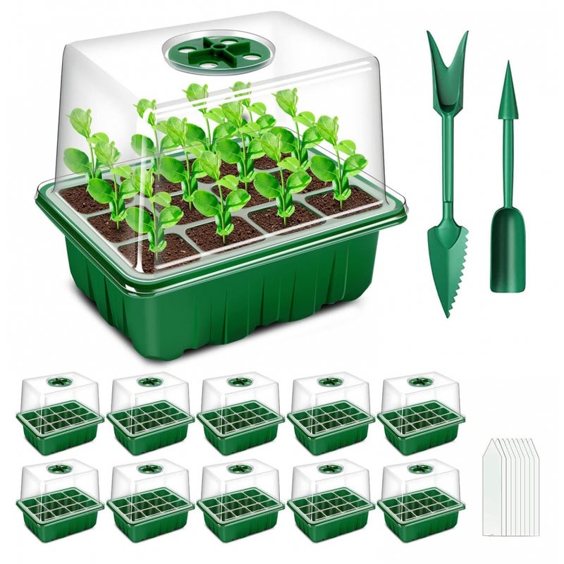 Miniaturowa szklarnia dla roślin, 10 sztuk, 120 komór, tacka na sadzonki do wnętrz z podniesionymi pokrywkami, tacka na sadzonki do szkółki, zielona
