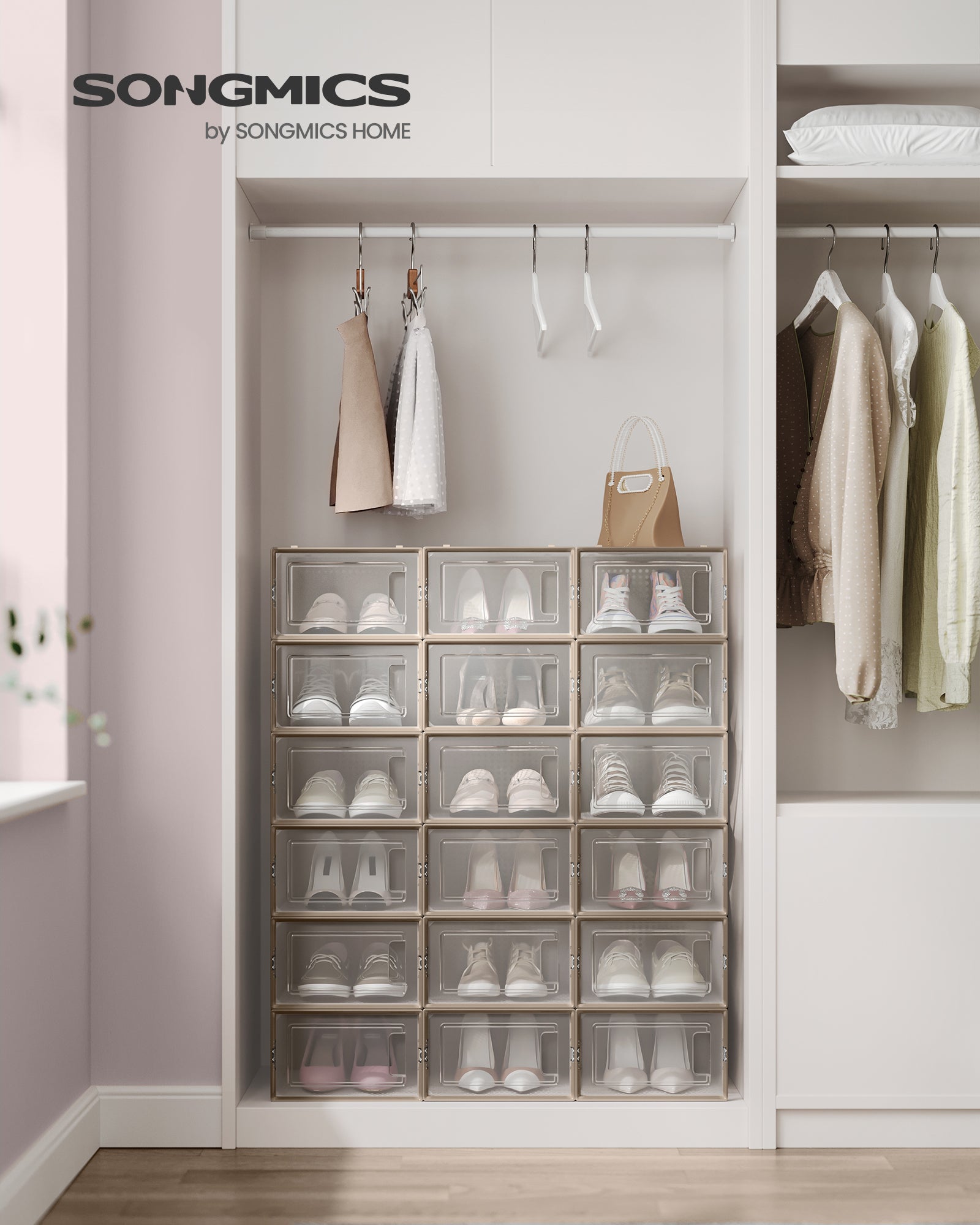 Boîtes à Chaussures, Lot de 18, Rangement Chaussures, Pliable, pour Pointure jusqu’à 44, Transparent et Beige Avoine - 2