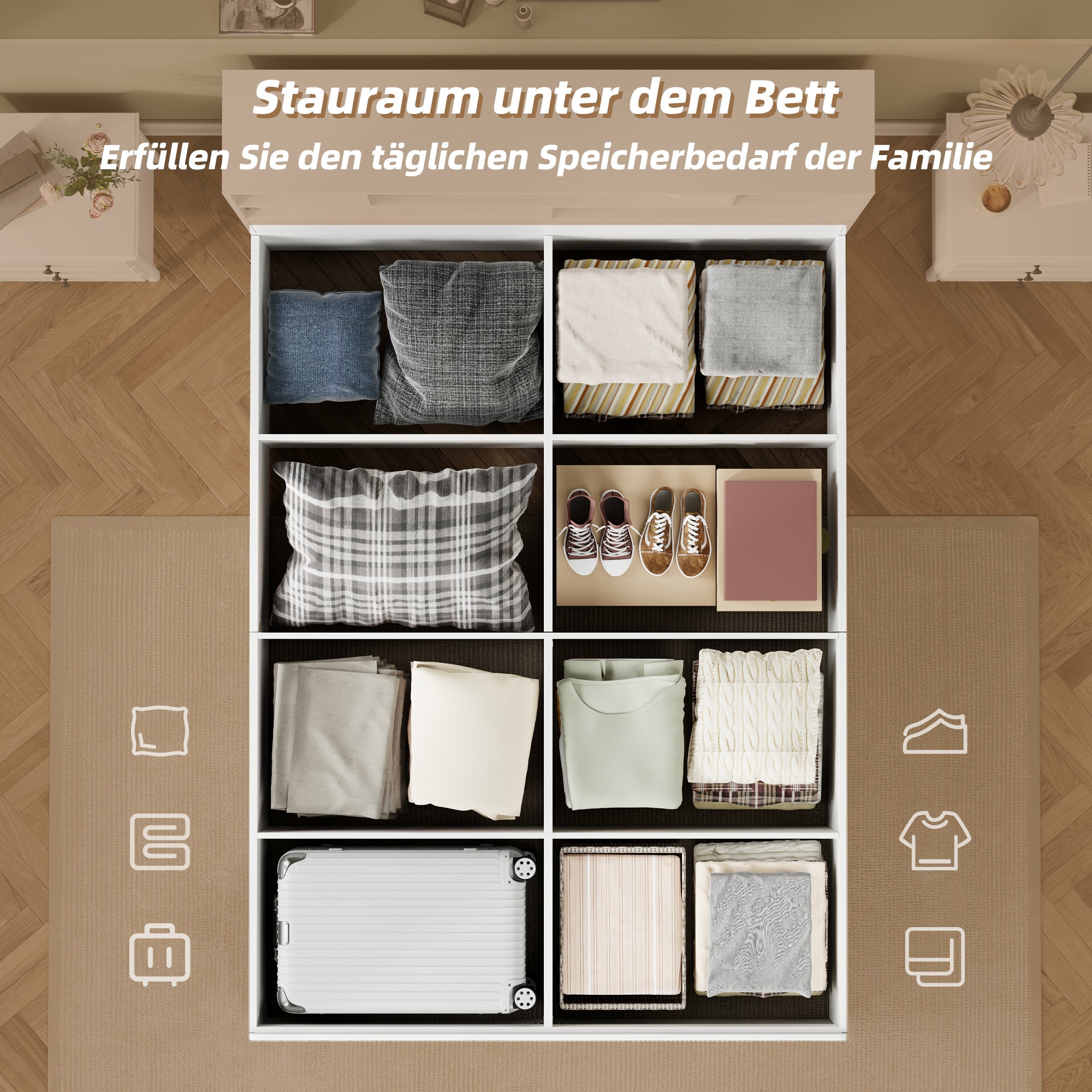 Lit coffre 140 x 200 avec tête de lit et compartiments de rangement- Charge USB - Bois MDF - Blanc (sans matelas) - 6