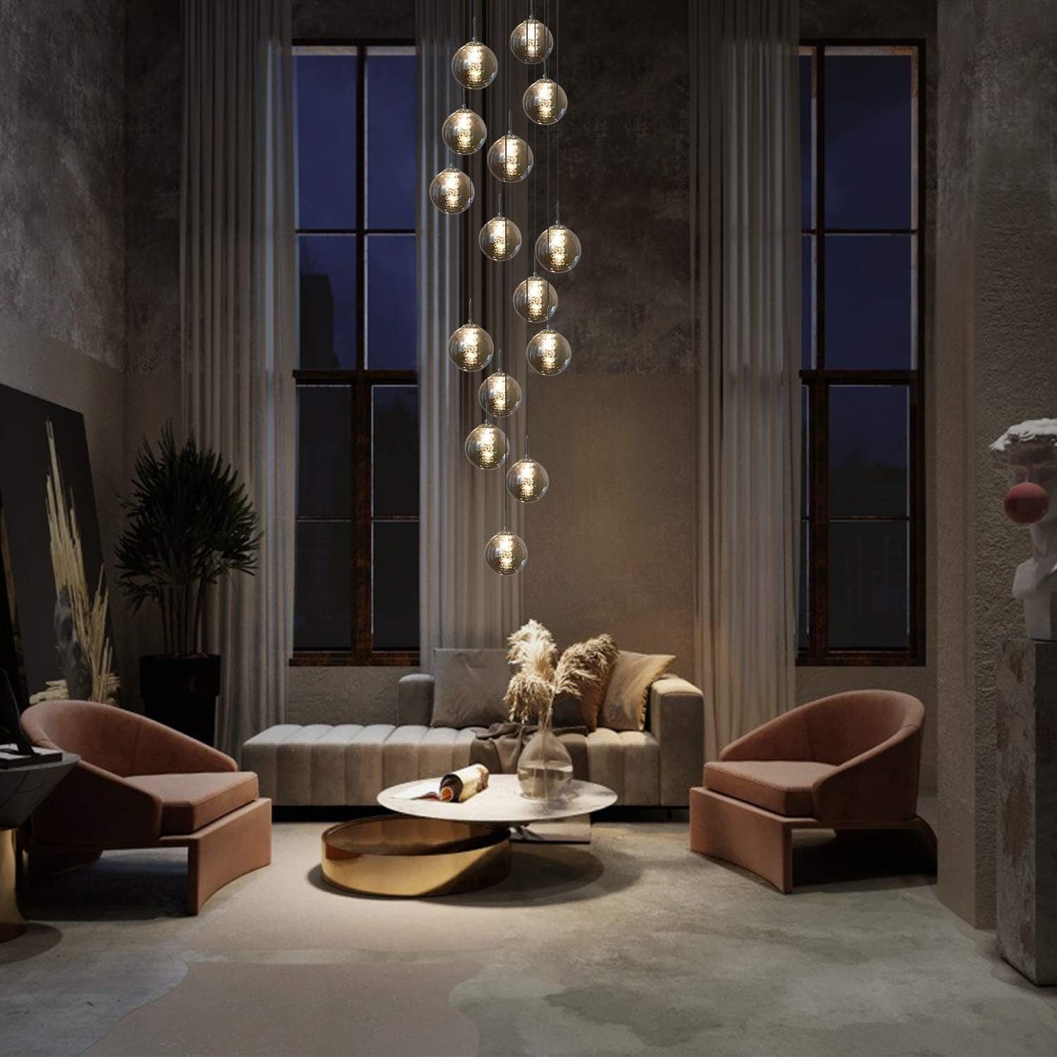 NETTLIFE Suspension Hauteur réglable table à manger Suspension en verre -Lampe suspendue Cage d'escalier Moderne Lustre à 15 flammes de - 2