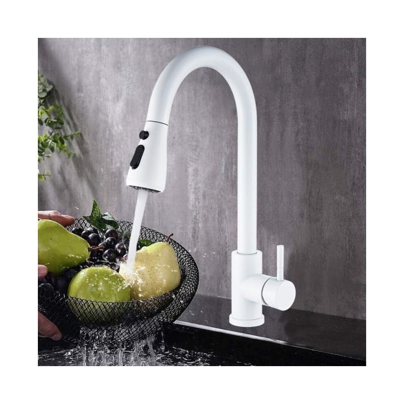 Biały kran kuchenny z wyciąganą wylewką, obrotowy 360°, dwa rodzaje natrysku (wąż nie jest dołączony).