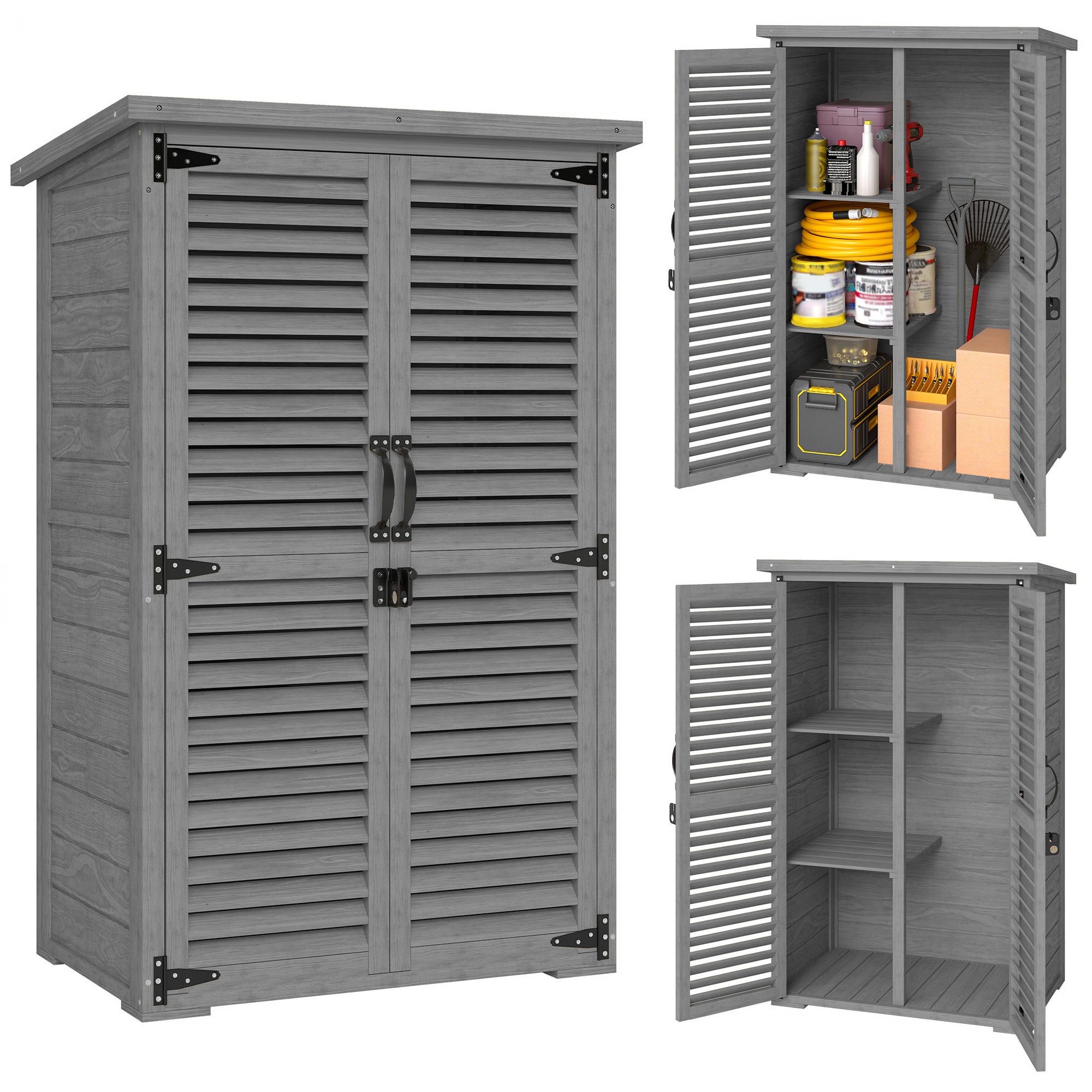 Caseta de jardín/cobertizo para herramientas, de madera, 2 estantes, techo de betún, puertas de lamas con cerradura, 75 x 50 x 118 cm, gris.