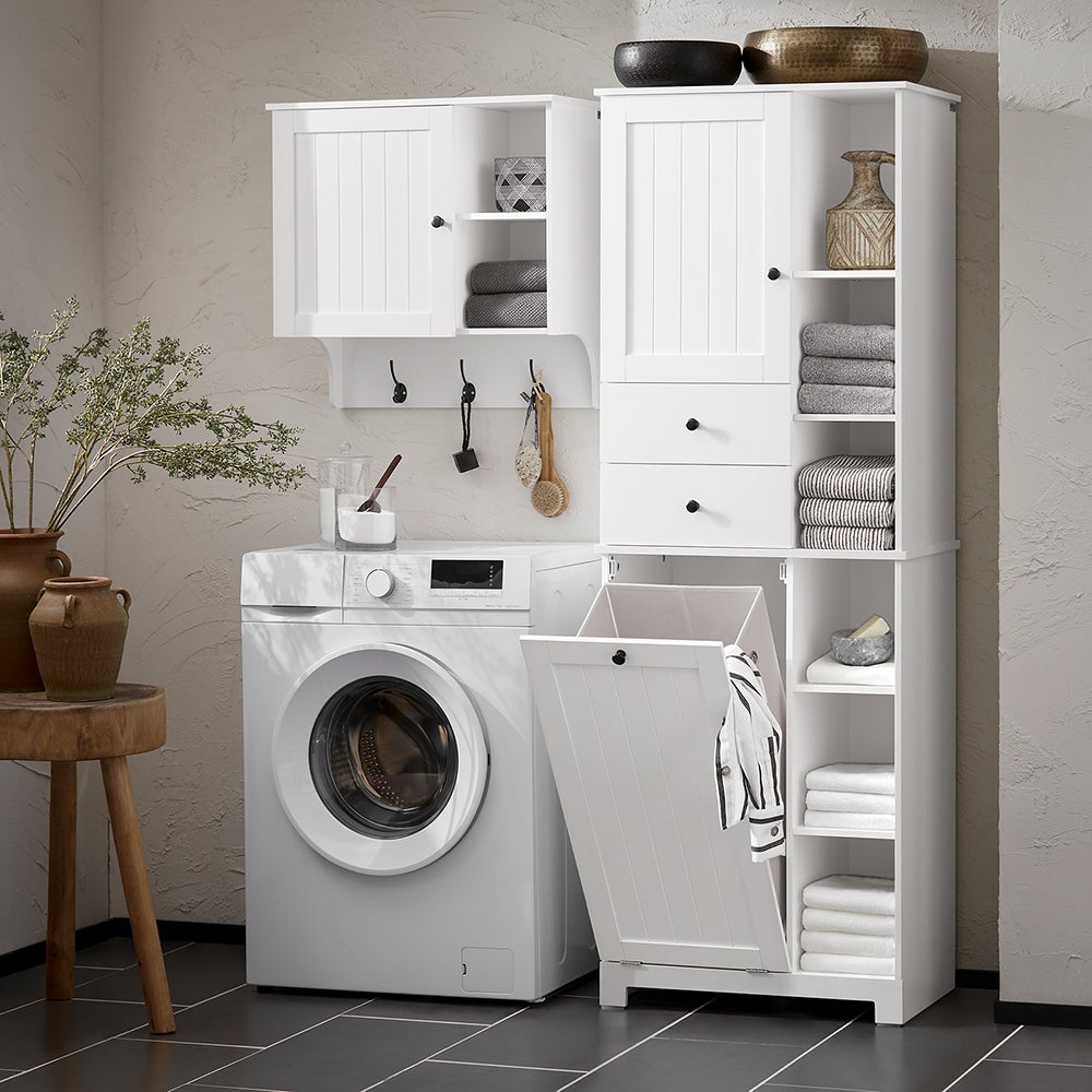 SoBuy Columna de Baño, Armario Alto con 2 Puertas y 2 Cajones, 6 Estantes y 1 Cesto para Ropa, Blanco, BZR104-W - 8