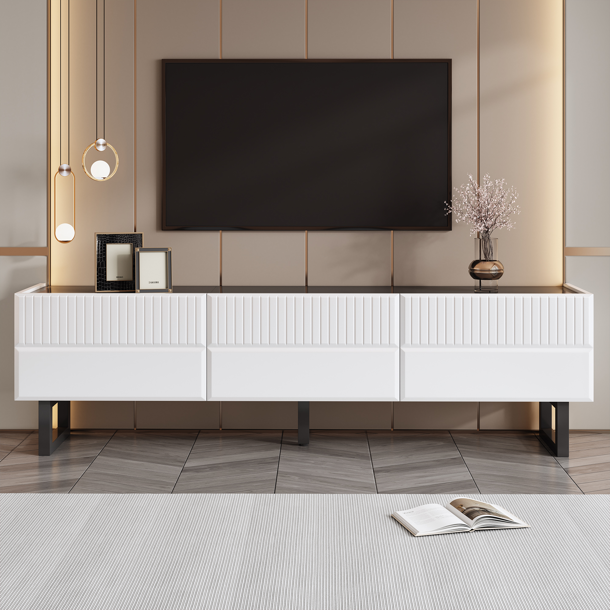 Stojak pod TV z 3 drzwiami - 170 x 35 x 47 cm - Płyta wiórowa, MDF i metalowe nogi - Czarny + biały