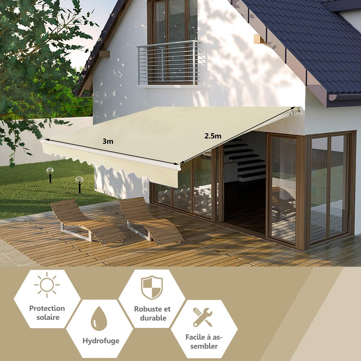 Store Banne de Balcon Rétractable avec Tissu Résistant aux UV et à l'eau, Cadre en Aluminium, Réglable 5-35°,3 x 2,5 m, Beige - 6