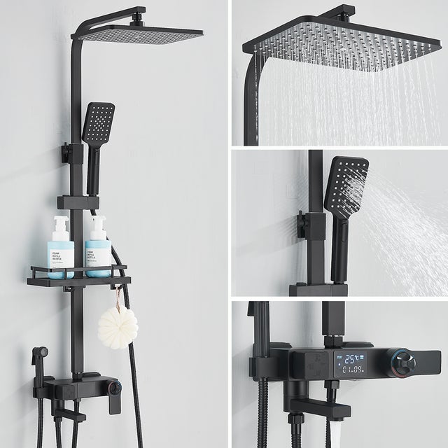 Robinets de douche thermostatiques à affichage numérique, douche à effet pluie, mitigeur 4 voies, étagère de douche, robinet de bidet, douche
