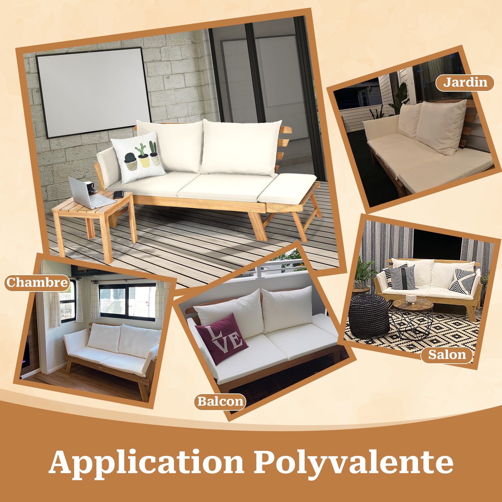 3 en 1 Canapé Convertible Lit Jardin 2 Places-Bois d’acacia-FSC, Canapé Extensible Coussins Amovibles-Charge 320KG pour Balcon/Terrase, Blanc GIANTEX - 5