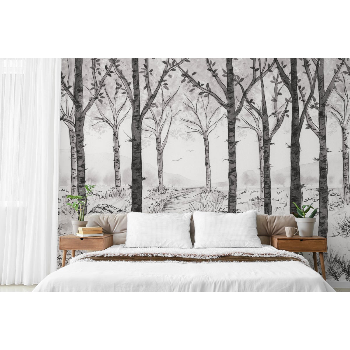 Carta da parati panoramica Paesaggio forestale Bianco e nero 300x250cm - 5