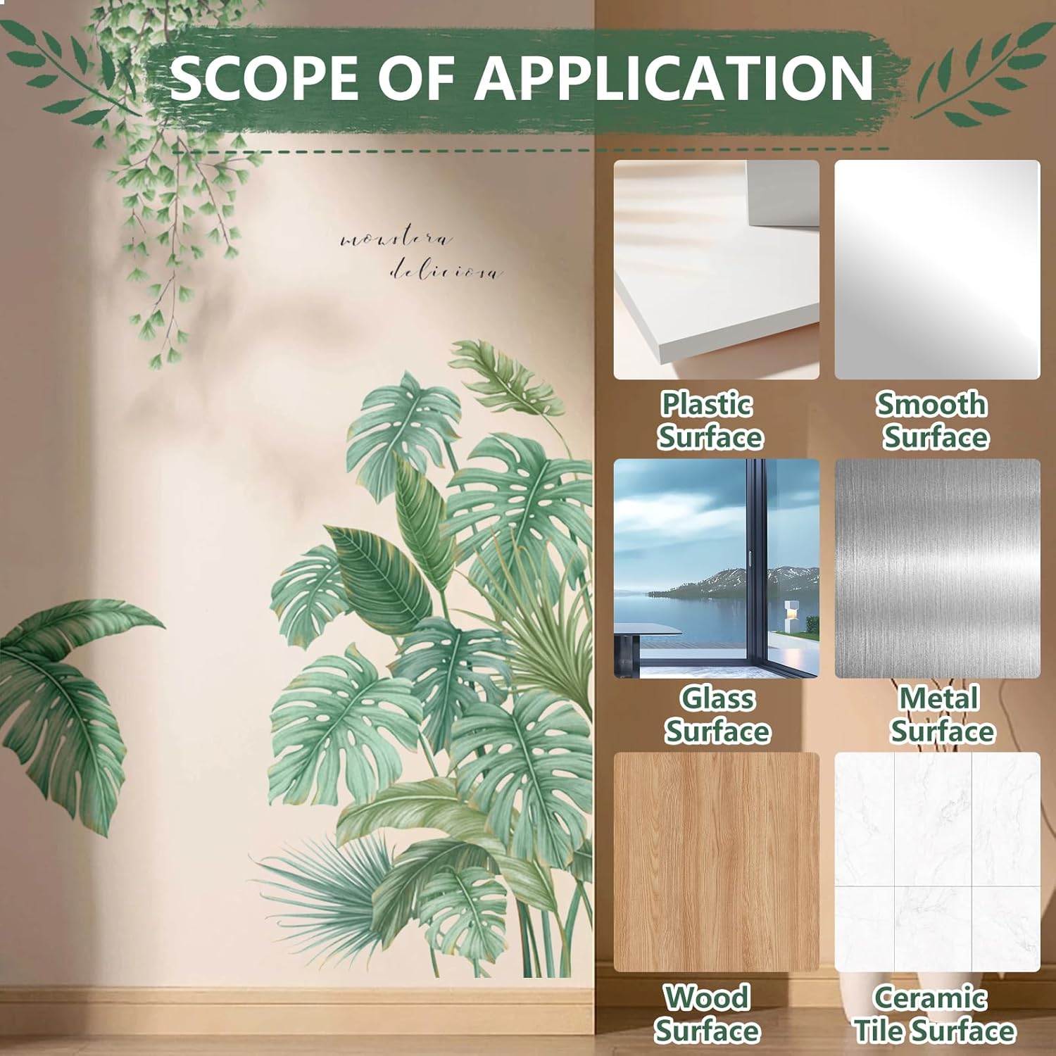 Adesivi murali a 2 foglie, adesivi murali con piante verdi tropicali, adesivi decorativi per corridoi, soggiorni - 4
