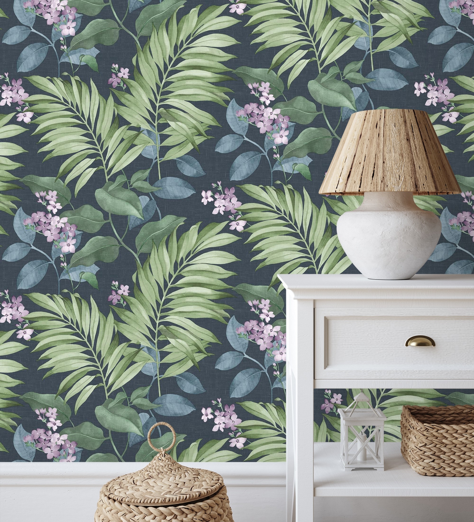 Papel pintado vinílico lavable de hojas tropicales y flores románticas - nayarit flowers 681323 de gaulan - rollo de 10 m x 0,53 m