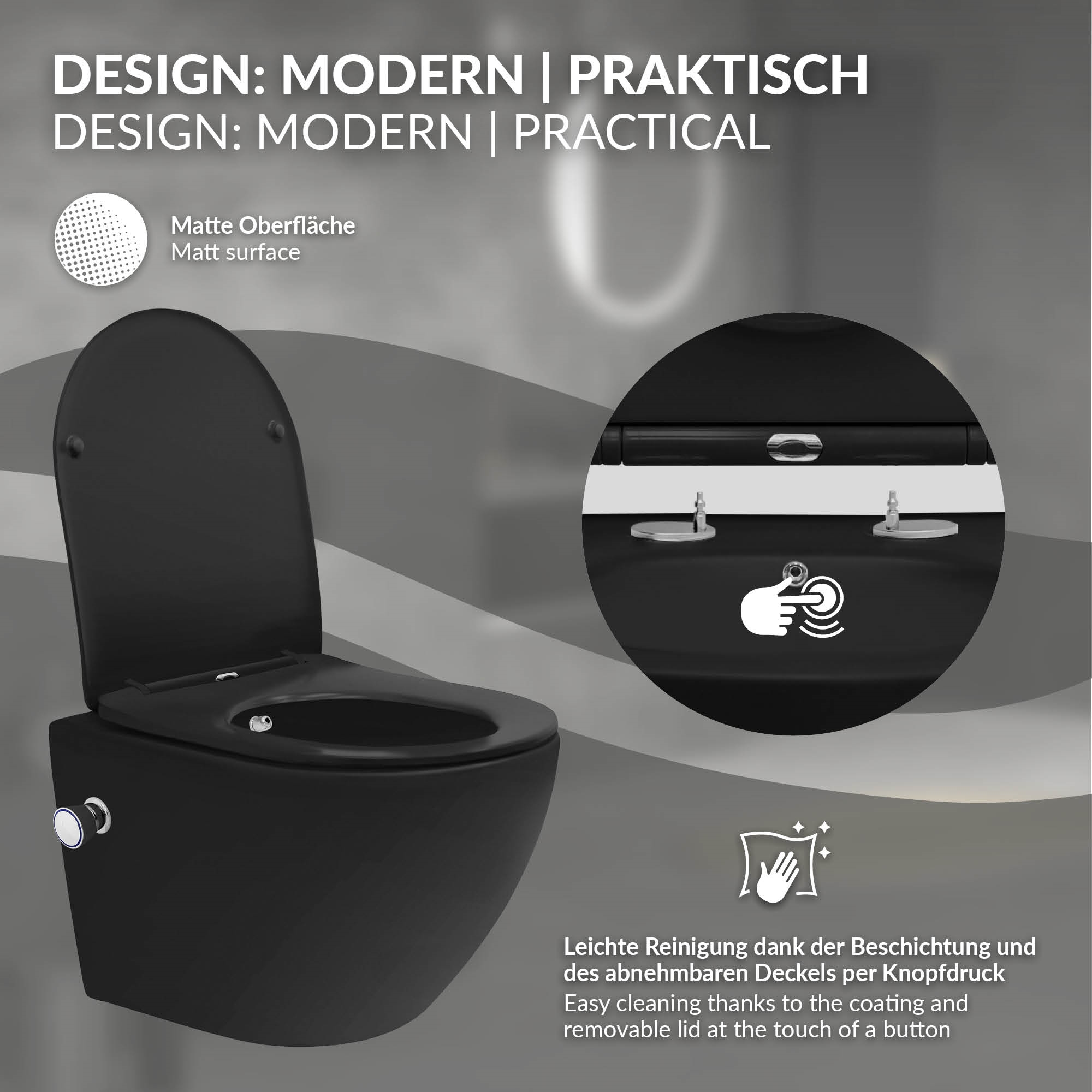 WC suspendu chasse d'eau tornado fonction bidet noir mat avec siège Softclose - 3