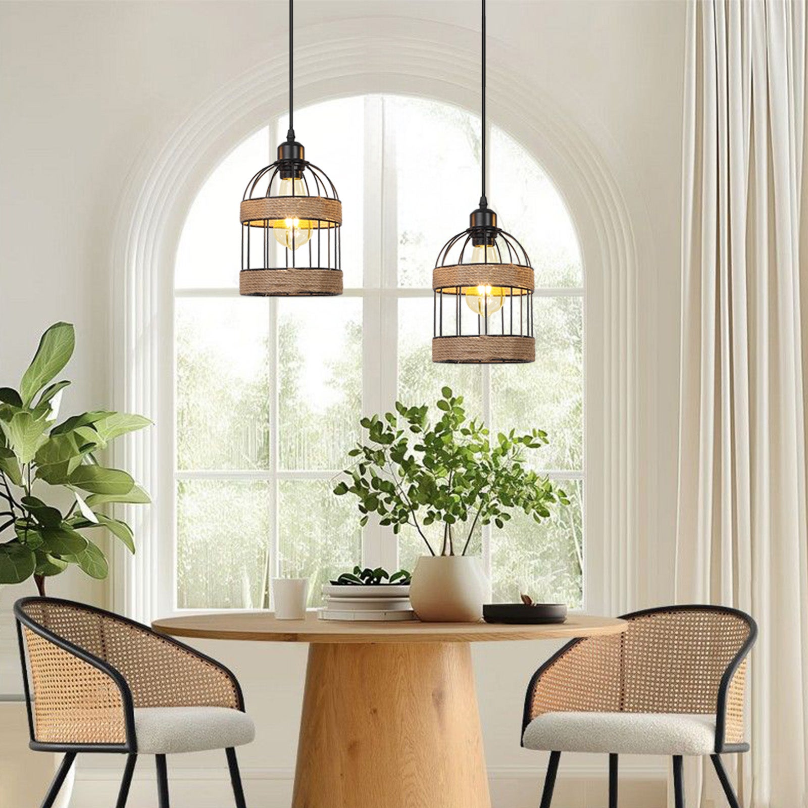 Lampa wisząca z rattanu, żyrandol z ręcznie wykonaną klatką mała lampa wisząca w stylu rustykalnym do kuchni z wyspą Jadalnia(Żarówka E27 w zestawie) - 9