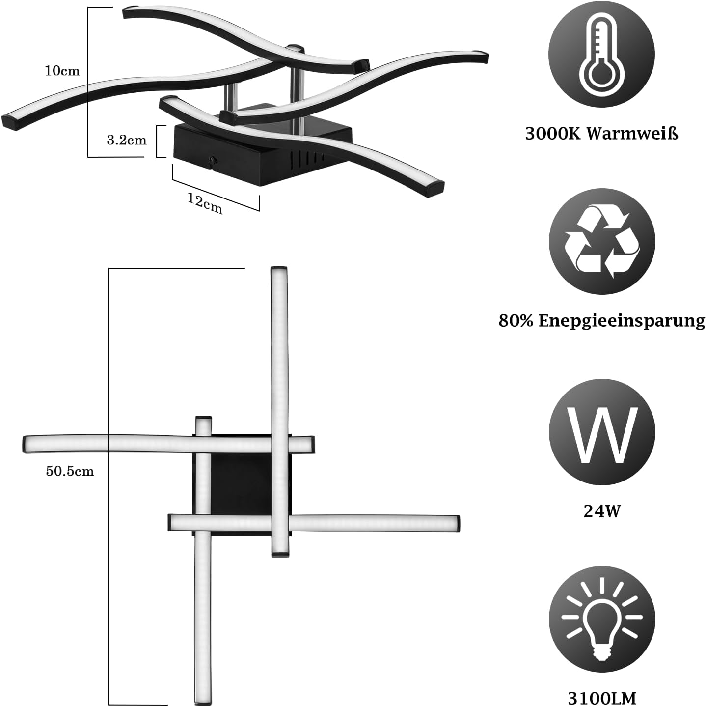 ZMH Lampa sufitowa LED 24W nowoczesna czarna o falistym kształcie do kuchni, salonu i przedpokoju - 5