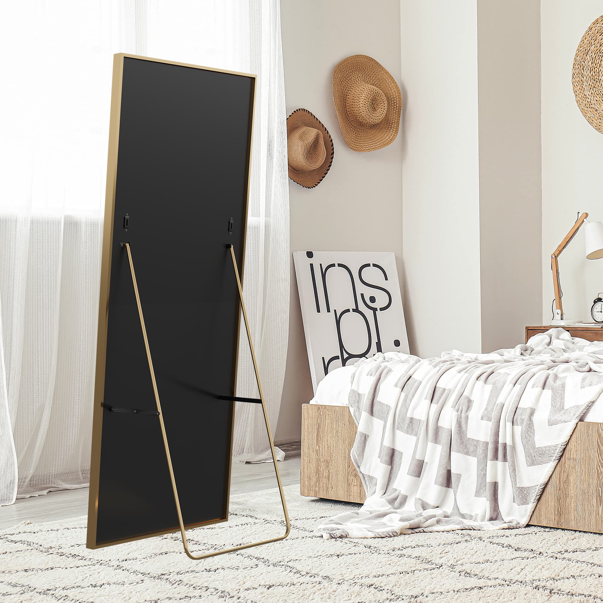 Espejo cuadrado de cuerpo entero de 164*54 cm (negro, marco de aluminio): se puede montar en la pared o inclinar. - 4