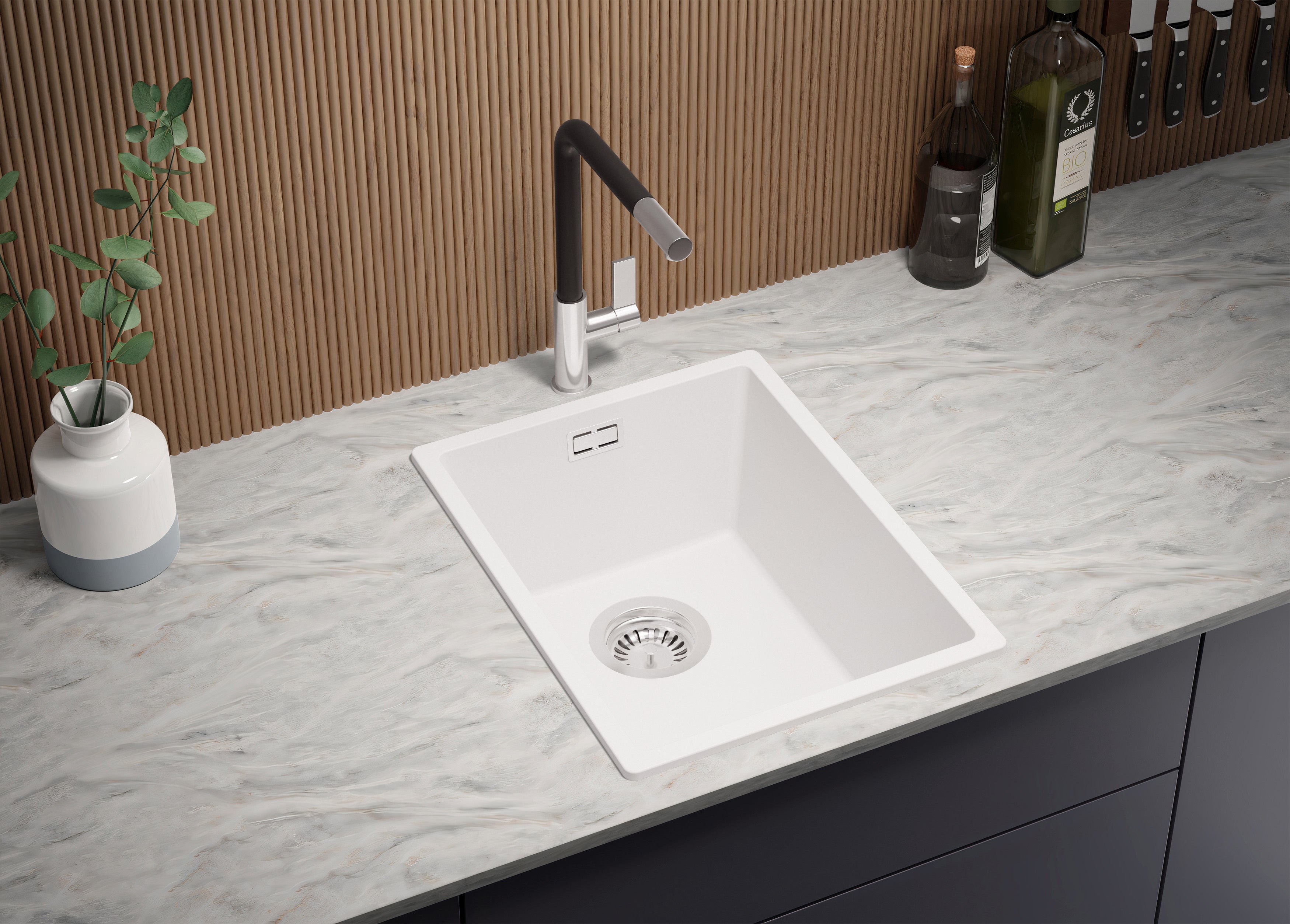 Lavello da Cucina Bianco 36x47cm, Lavandino in Granito a 1 vasca + Sifone Classico, Lavabo da Cucina Incasso al mobile 40cm - London Slim PRIMAGRAN - 3