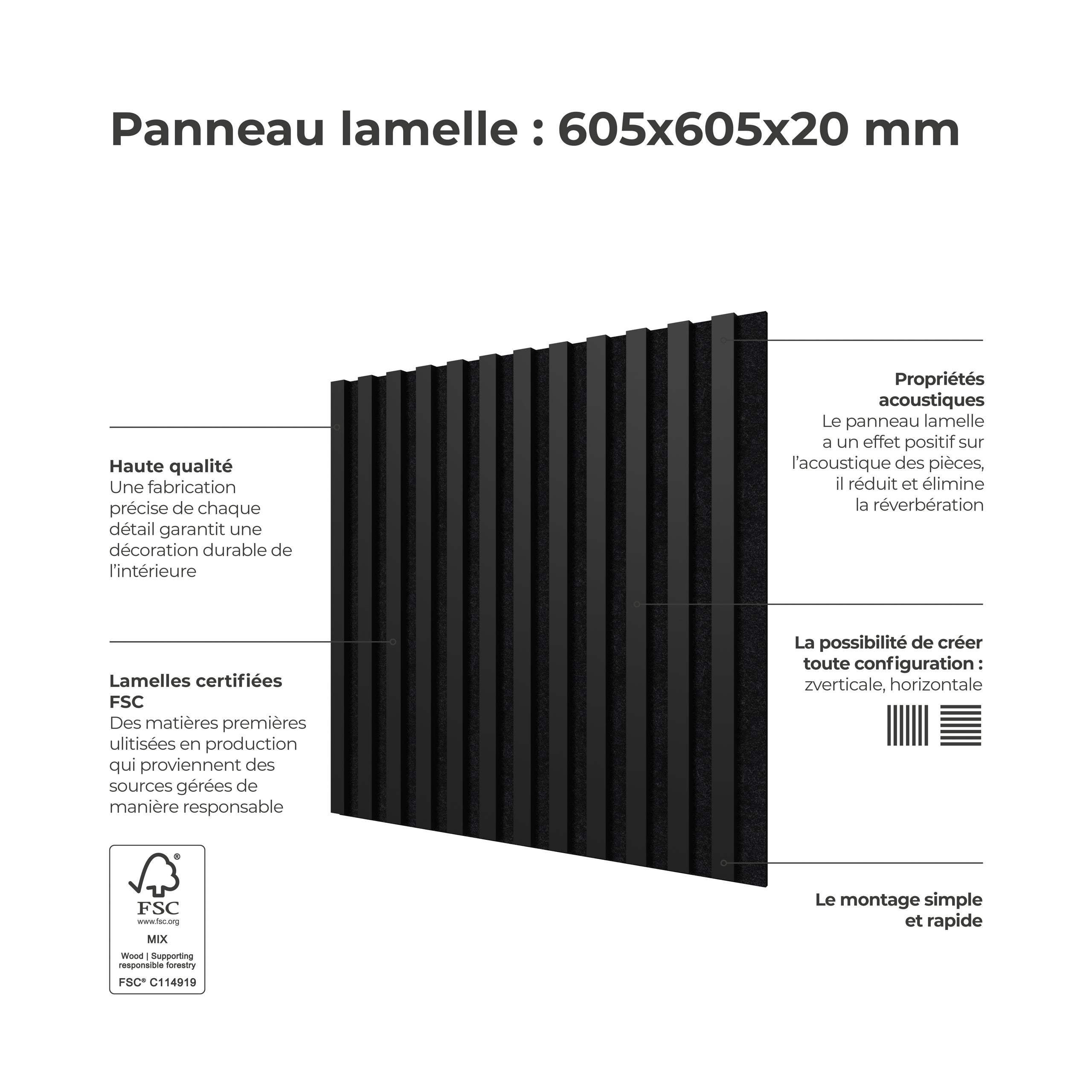 Panneau Tasseau Acoustique effet tasseau bois en feutre 605mm x 605mm noir sur noir Linea Proline Stegu - 4