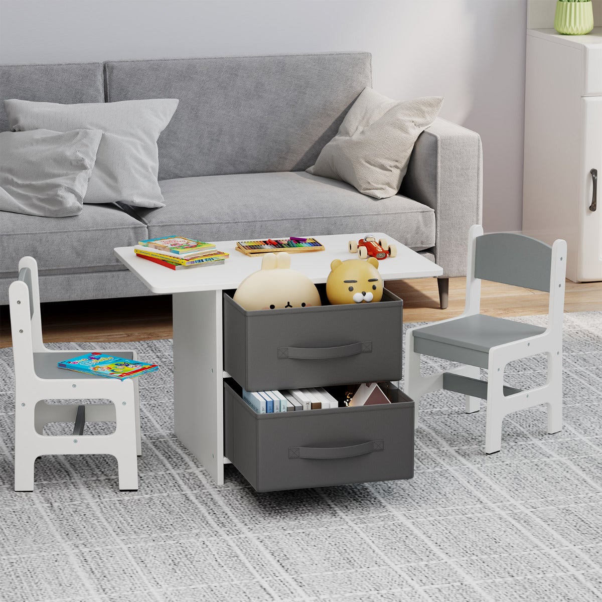 Conjunto mesa y 2 sillas infantiles con cestas extraíbles - gris - 3+ años