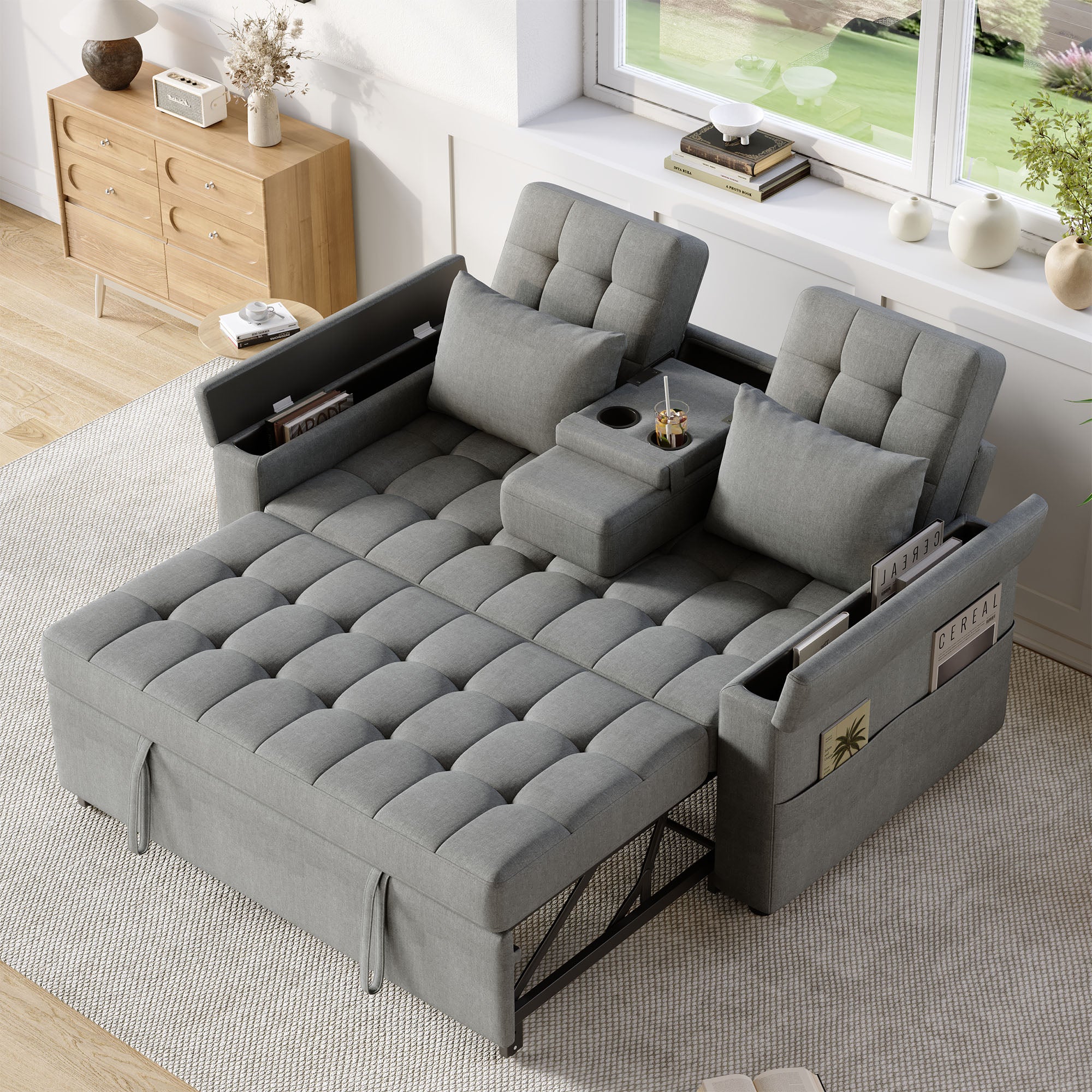 Sofa rozkładana 2-osobowa z regulowanym oparciem, podłokietnikami i uchwytami na kubki - 159 x 142,5 x 92 cm - Bawełna-len - Szara