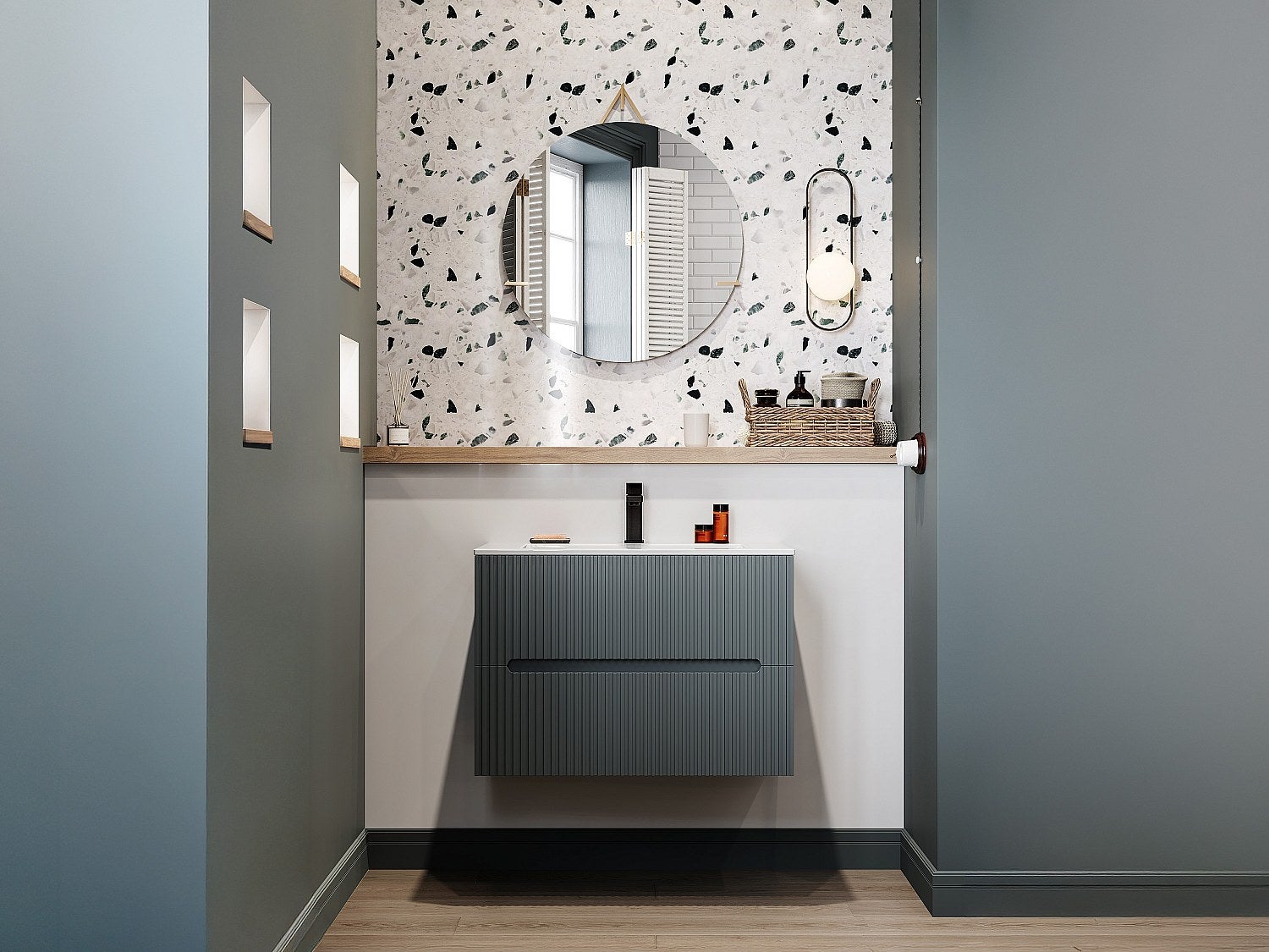 Podwieszana szafka łazienkowa w prążki z umywalką do zabudowy i baterią - Szary - 80 cm - PAVANI