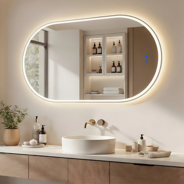 Espelho casa de banho LED oval 50x100 cm ARTFORMA – retroiluminado, antiembaciamento, tátil, Prata Escovada