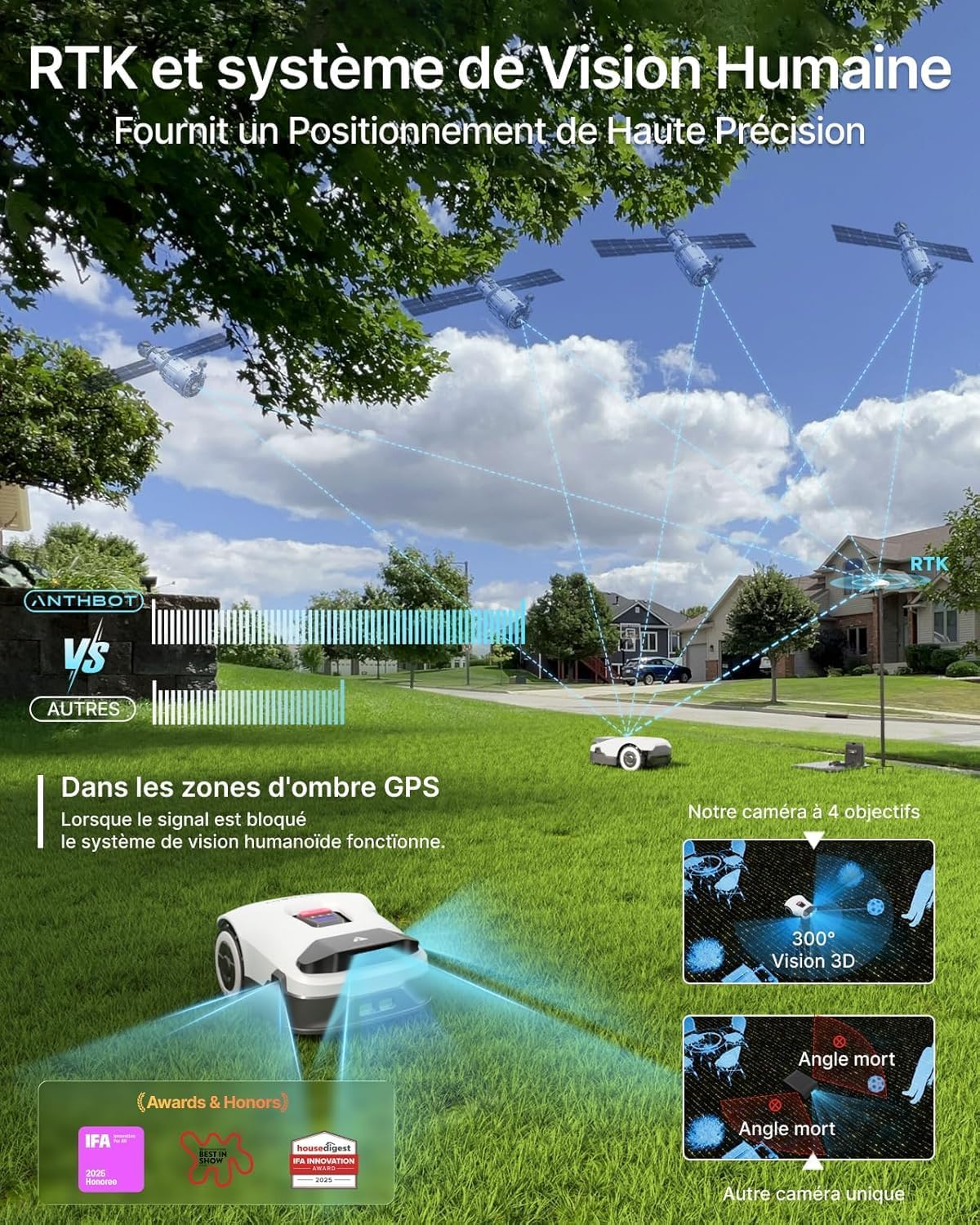 Tondeuse Robot sans Fil Périphérique,pour Pelouses Jusqu’à 1500m², RTK Full Band+Vision IA 4 Yeux,Cartographie Automatique,20 Zones,ANTHBOT Genie 800 - 2