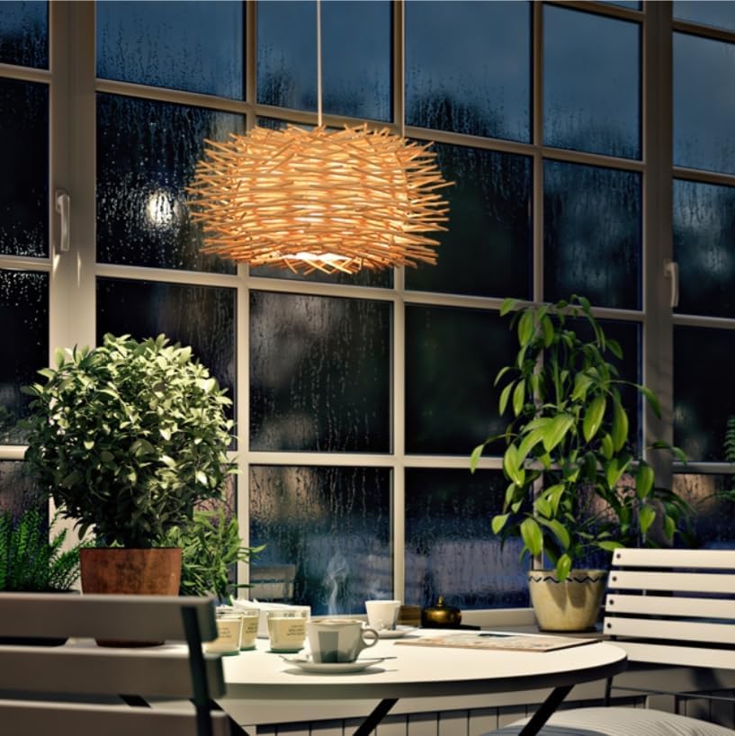 GOECO Lustre Suspension en Rotin, Vintage E27 Suspension Lumineuse en Rotin, Creative en Nid D'oiseau Suspension en Bambou Naturel pour Salon Chambre - 6