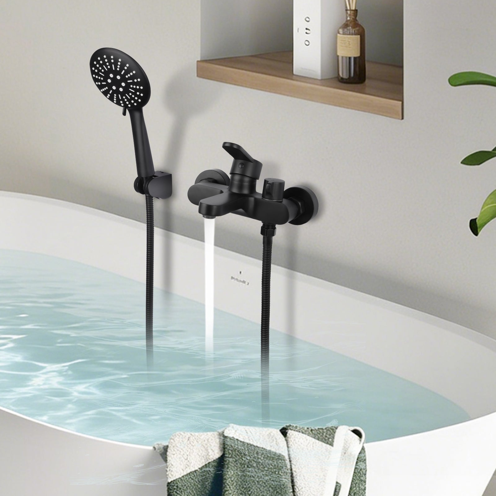 Bateria wannowa z słuchawką prysznicową 3-funkcyjną, regulowaną, wąż ze stali nierdzewnej 1,5 m, kran z mosiądzu czarny mat do łazienki LOVHAUS