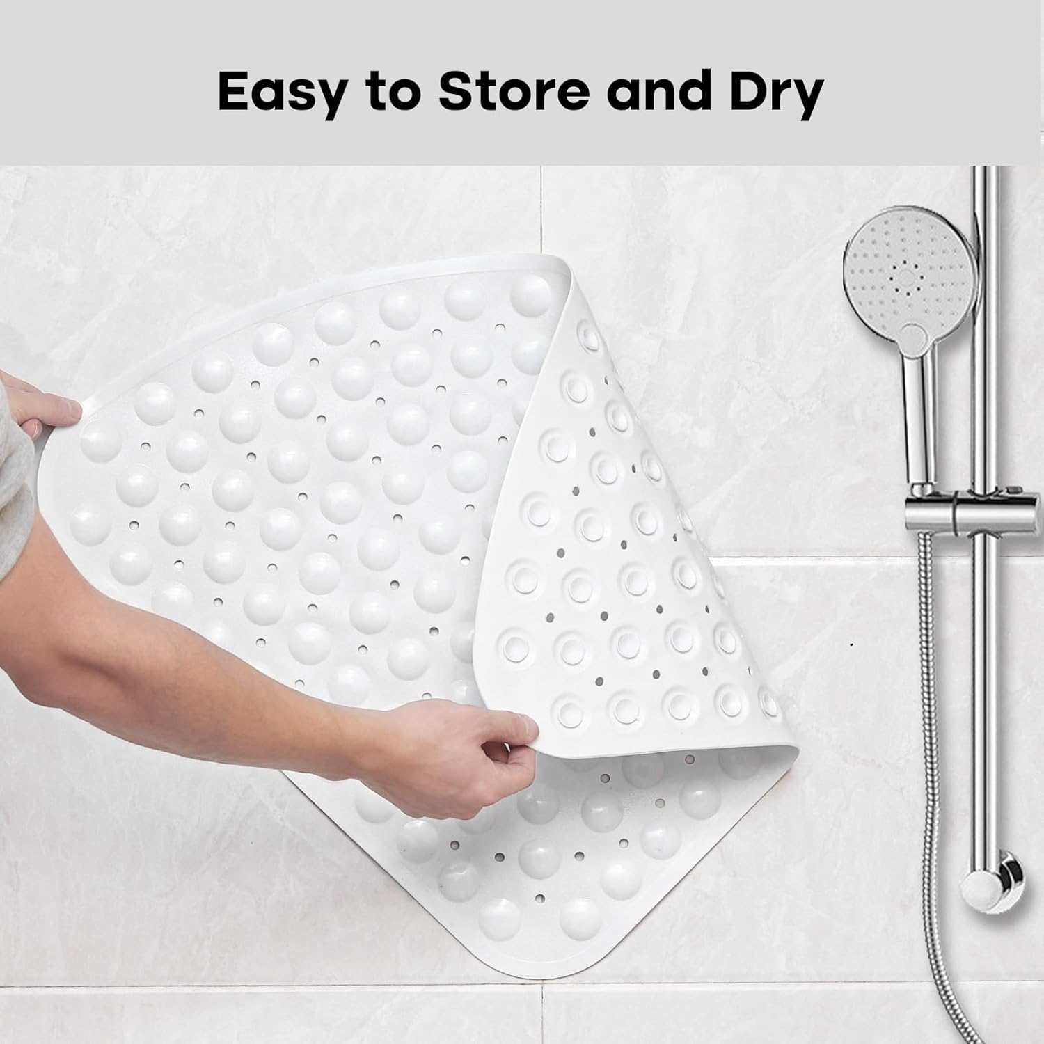 Tapis de douche d'angle antidérapant, tapis de douche triangulaire de 54 cm, adapté aux douches intérieures, avec ventouse, blanc - 5