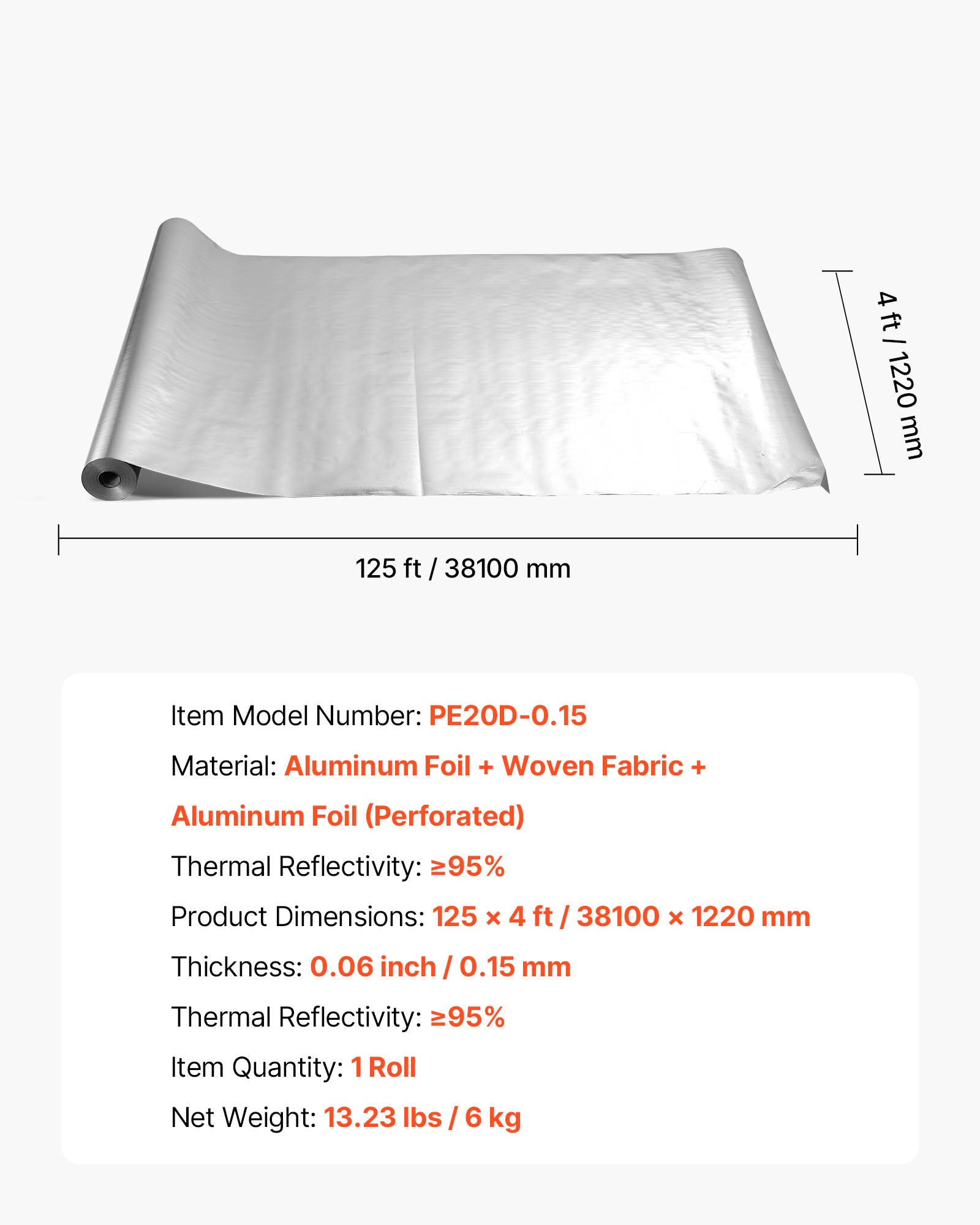 Isolant thermique double réfléchissant VEVOR, tissu perforé + alu double face, 38,1×1,22 m, 0,15 mm, barrière radiante pour garage/fenêtres - 7