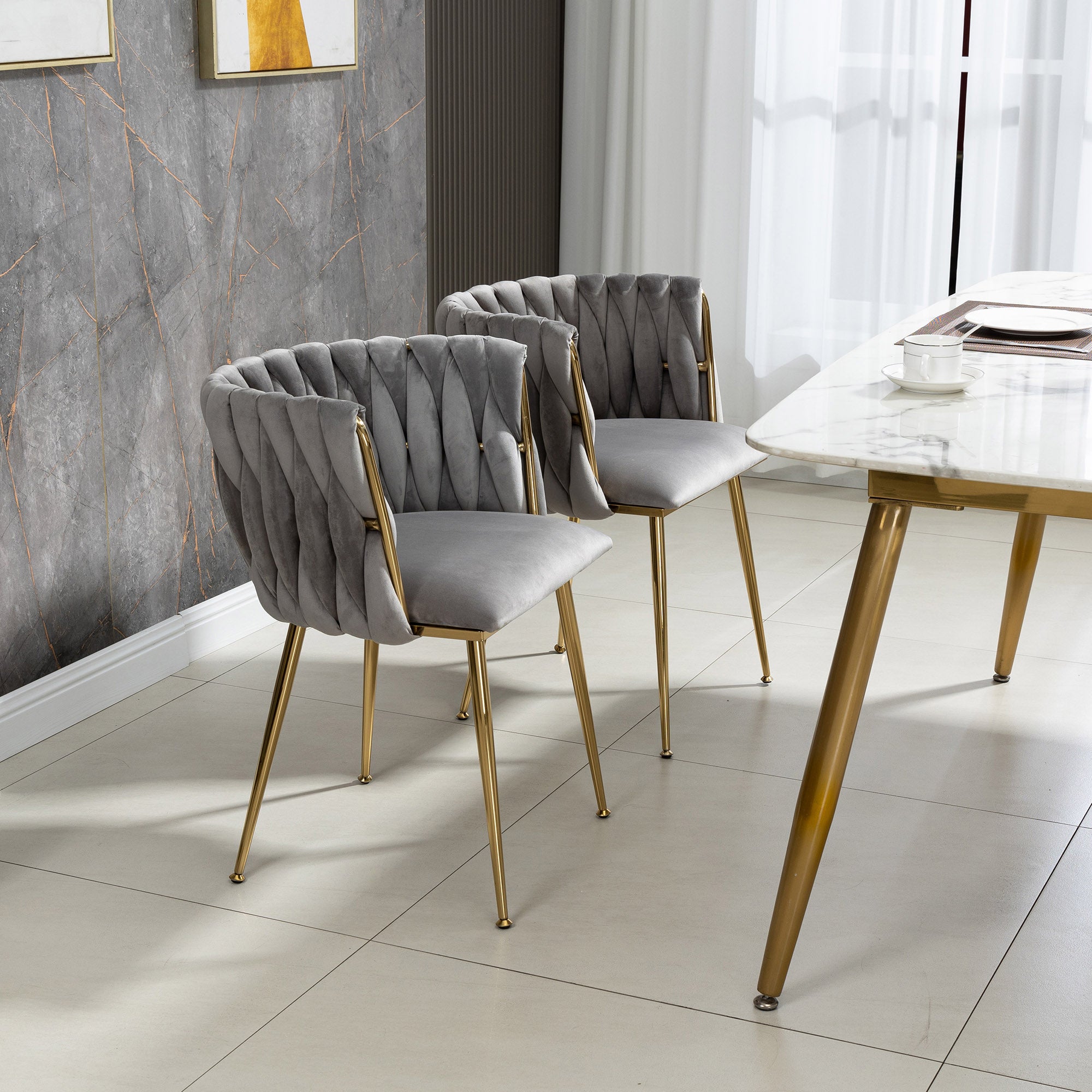 Set di 2 sedie da sala da pranzo in velluto e metallo dorato - bianco - 61 x