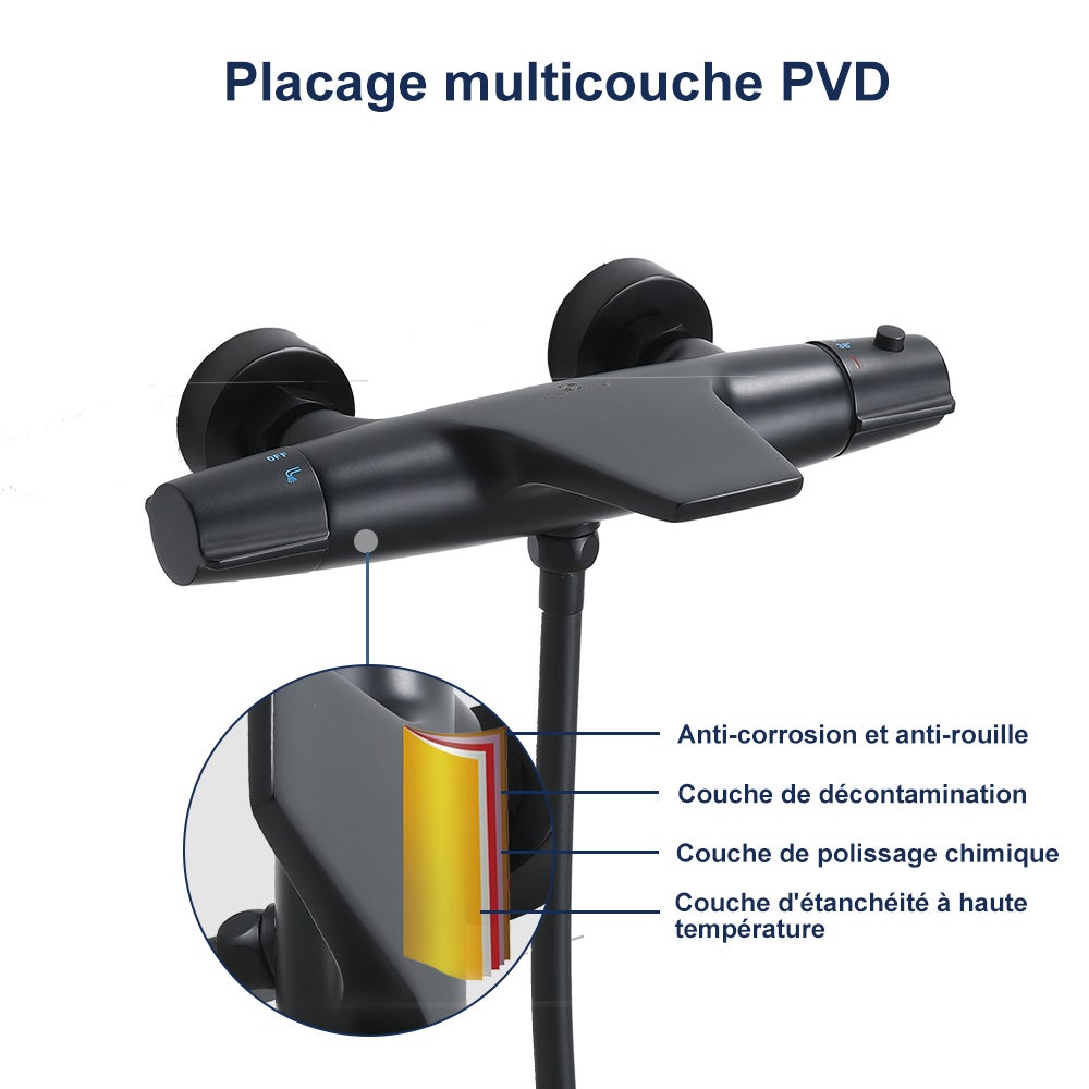 Mitigeur Thermostatique de Baignoire Robinet Cascade pour Baignoire Robinet Noir en Laiton Design Elégant - 5
