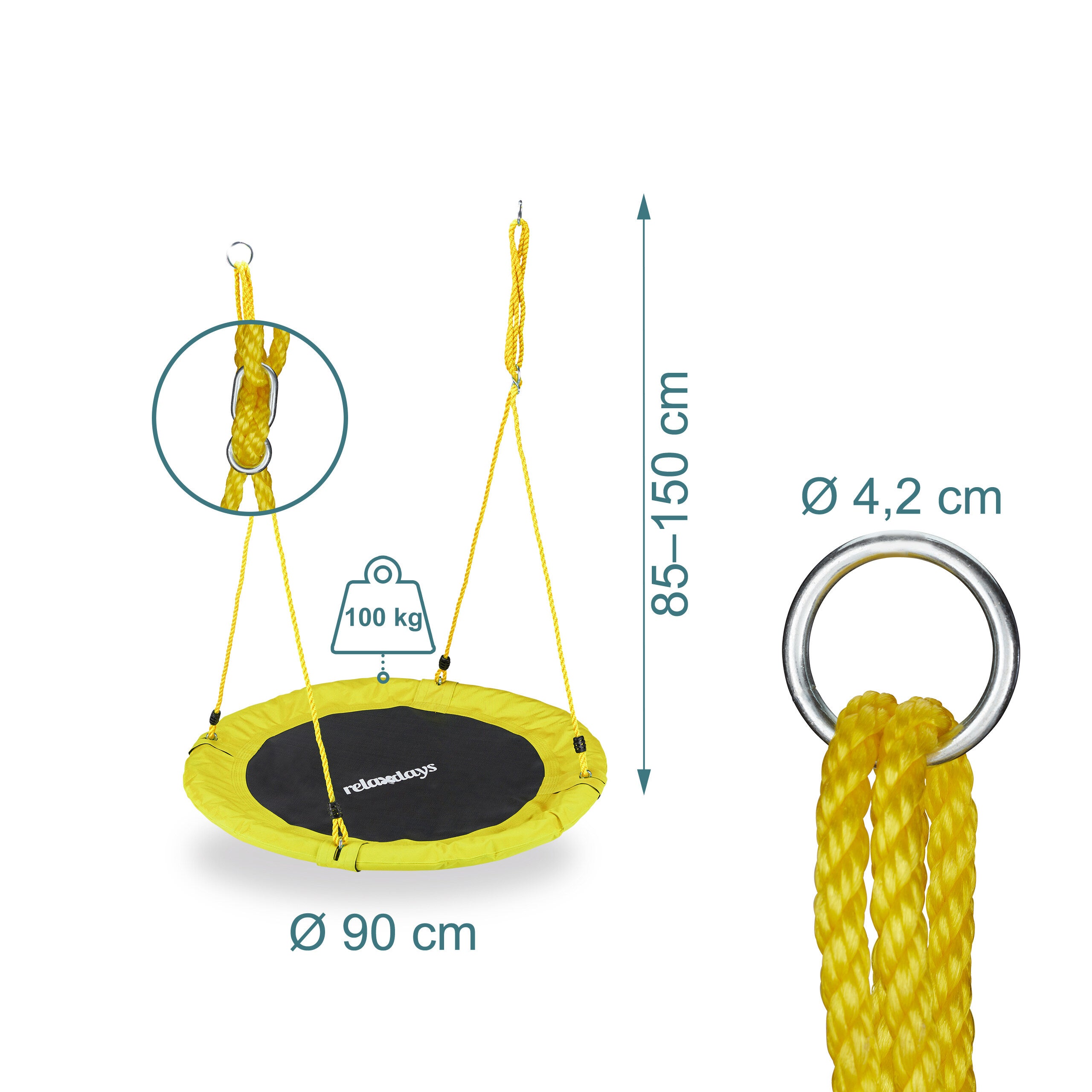 Balançoire nid d'oiseau rond 90 cm à suspendre enfant adulte jardin extérieur Ø 90 cm, 100 kg, jaune, Relaxdays - 4