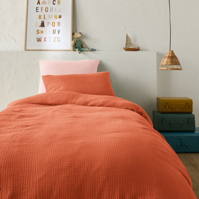 Housse de couette enfant unie gaze de coton, Kumla - Orange - 200 x 200 cm