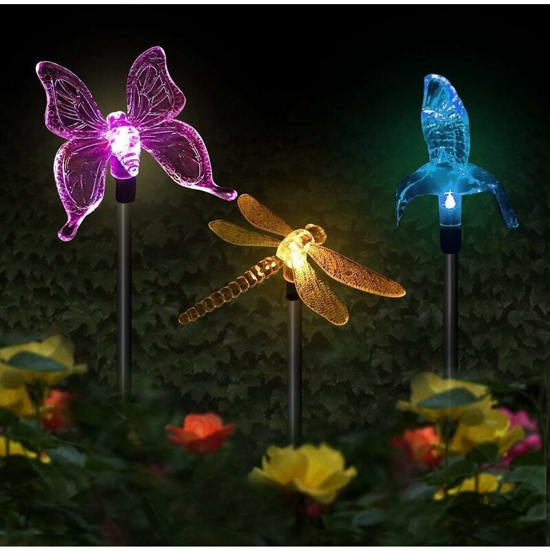Zestaw 3 wielokolorowych, zmieniających kolor lamp solarnych LED w kształcie motyla, kolibra i ważki, dekoracja na imprezę