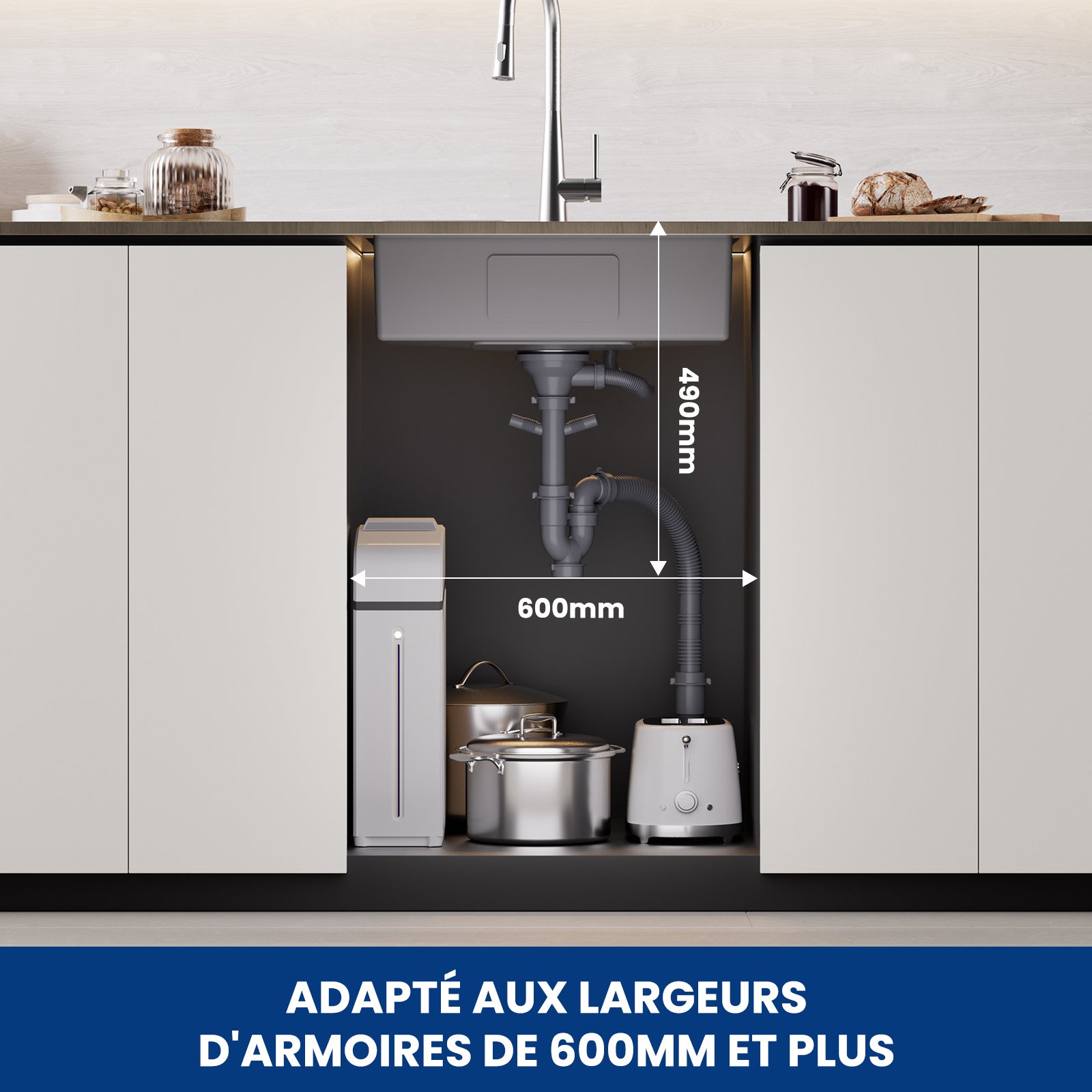 Cecipa max Évier 1 Bac 60×45×18CM Évier Inox Brossé avec Panier de Drainage + Mitigeur Cuisine avec Douchette Extractible - 2 Jets aux Choix - Brossé - 6