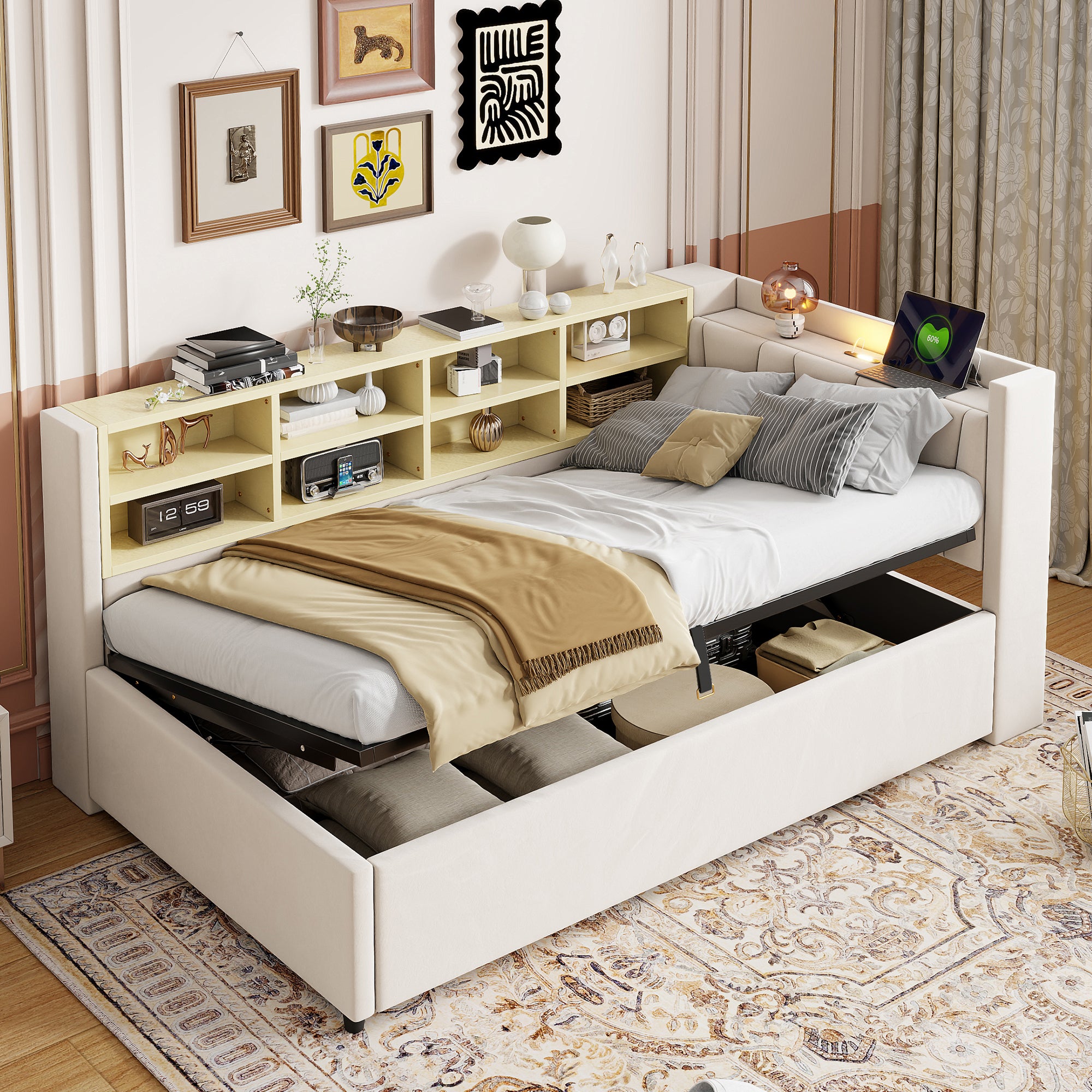 Letto per bambini Huayz imbottito 90x200 cm, letto singolo con letto estraibile e 3 cassetti per 2 bambini, letto per ospiti con rete a doghe, testata regolabile, in lino, senza materasso