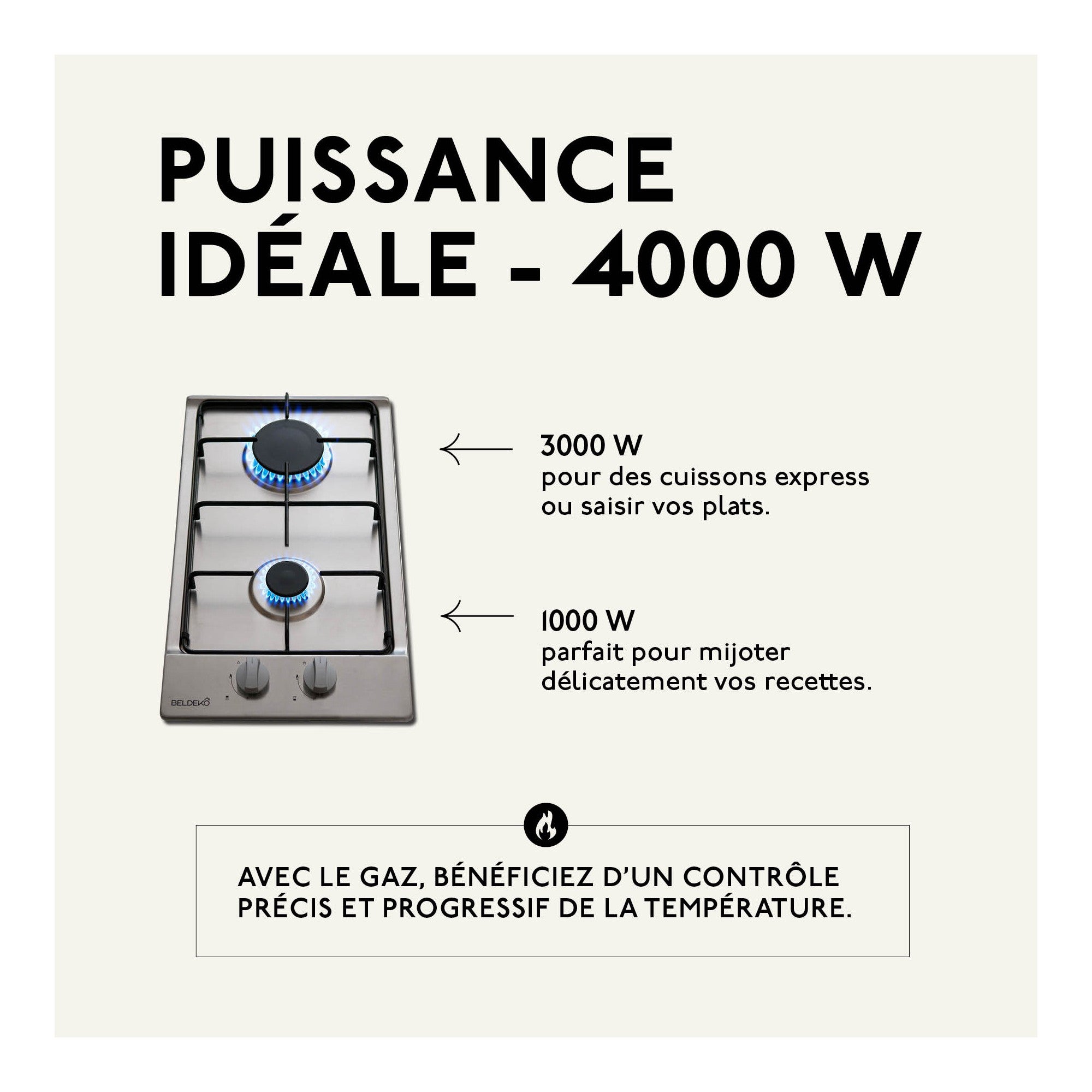 BELDEKO Plaque Gaz 2 Feux Domino 30 cm 4000W Inox - Marque Française - 3