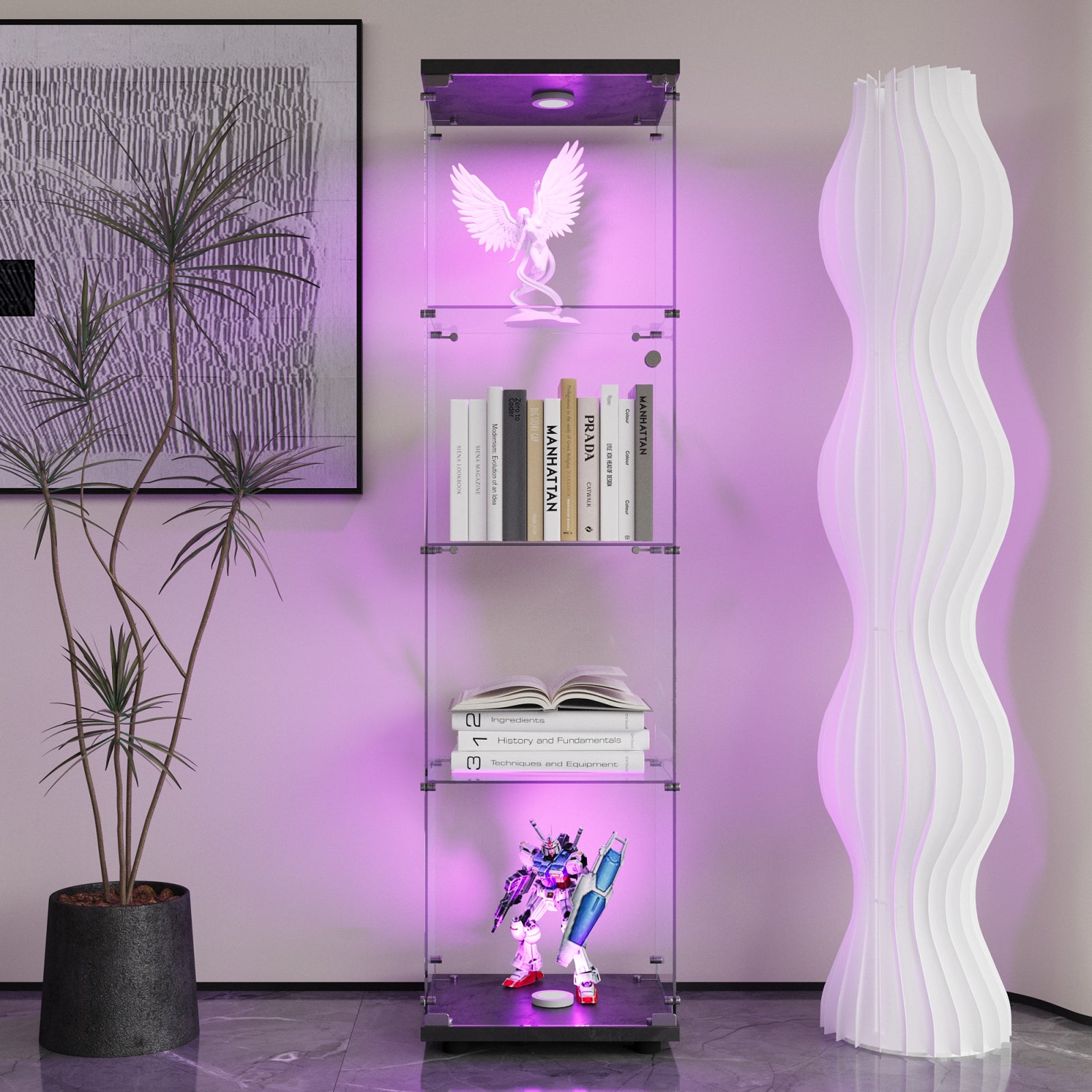 Vitrine pour collection, Vitrine en Verre, Transparent LED Vitrine moderne en verre 4 Couches avec 1 Porte, pour salon et chambre à coucher, bureau - 2