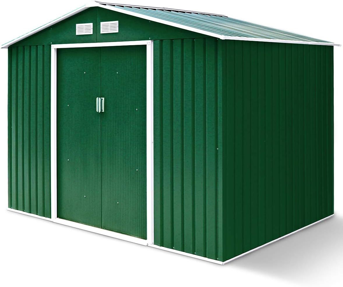 2,37 m² Metalowa Szopa Ogrodowa Ocynkowana z Podstawą, 213 x 127 x 185 cm, Szopa na Narzędzia z Przesuwanymi Drzwiami i Oknami, 4,39 m³ Zielona