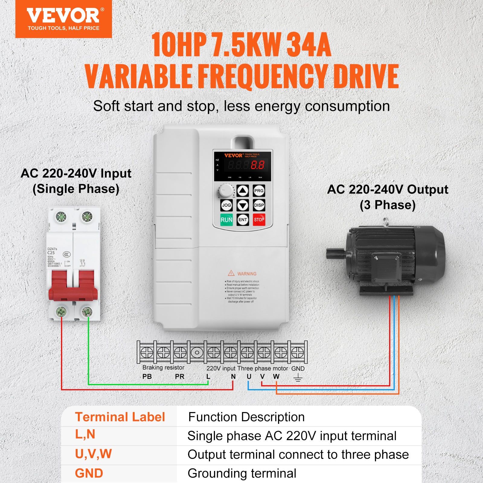 Variateur de Fréquence 7,5 kW, 10 CV 34A 0-400 Hz VFD, Entrée Monophasé, Sortie Triphasé, Contrôle Vitesse, Refroidissement Rapide VEVOR - 2