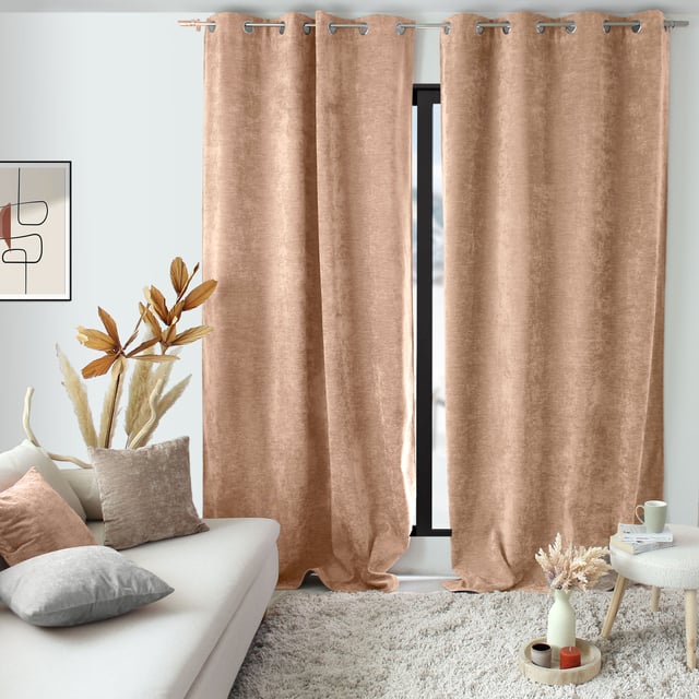 Lot de 2 Rideaux Thermique avec Œillets, Rose Pêche, Grande Hauteur, 140x260cm, Velours, Collection Velvet, CMADECO
