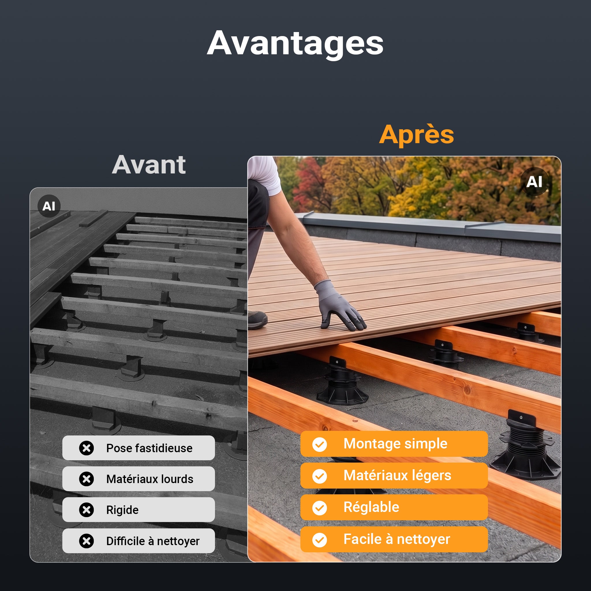 Plots de terrasse – Charge 2700 kg – Hauteur réglable 60-128 mm – en PP – Pieds de support pour Lames Dalles Wiltec - 4