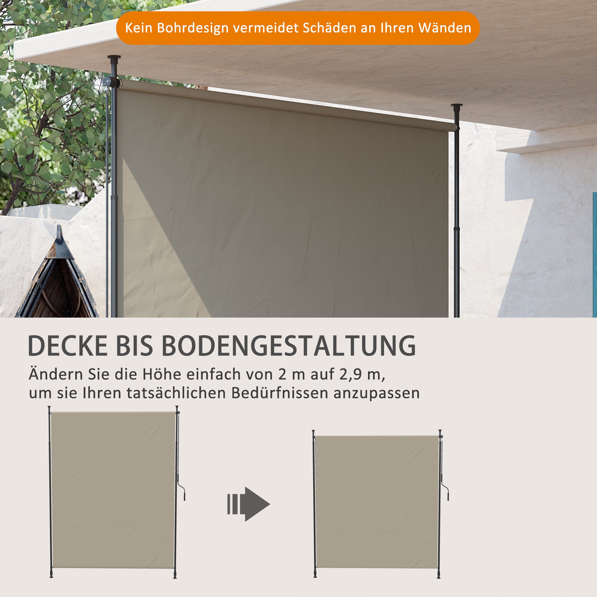 Toldo lateral, instalación sin taladros, altura regulable, con manivela, estructura metálica, color arena, 2 x 2,15-3,05 m - 6