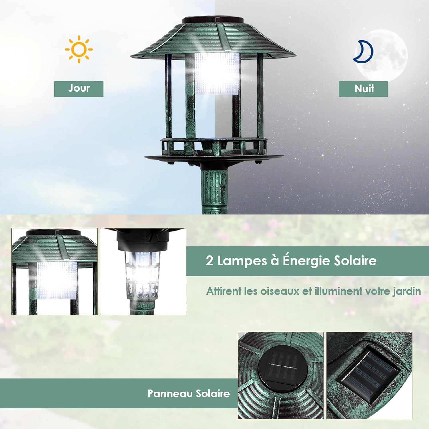 Bain d'oiseaux sur Pied Solaire, Mangeoire Oiseaux Extérieur avec 2 Lampes à Energie Solaire, Support Remplissable, 3 Piquets pour Jardin, Cour - 3