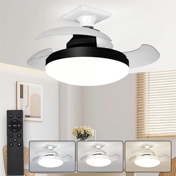 Mały wentylator LED chowany, E27, z pilotem i aplikacją, ściemnialny 3 kolory 3000 K-6500 K, 4 prędkości wentylacji, 38 cm